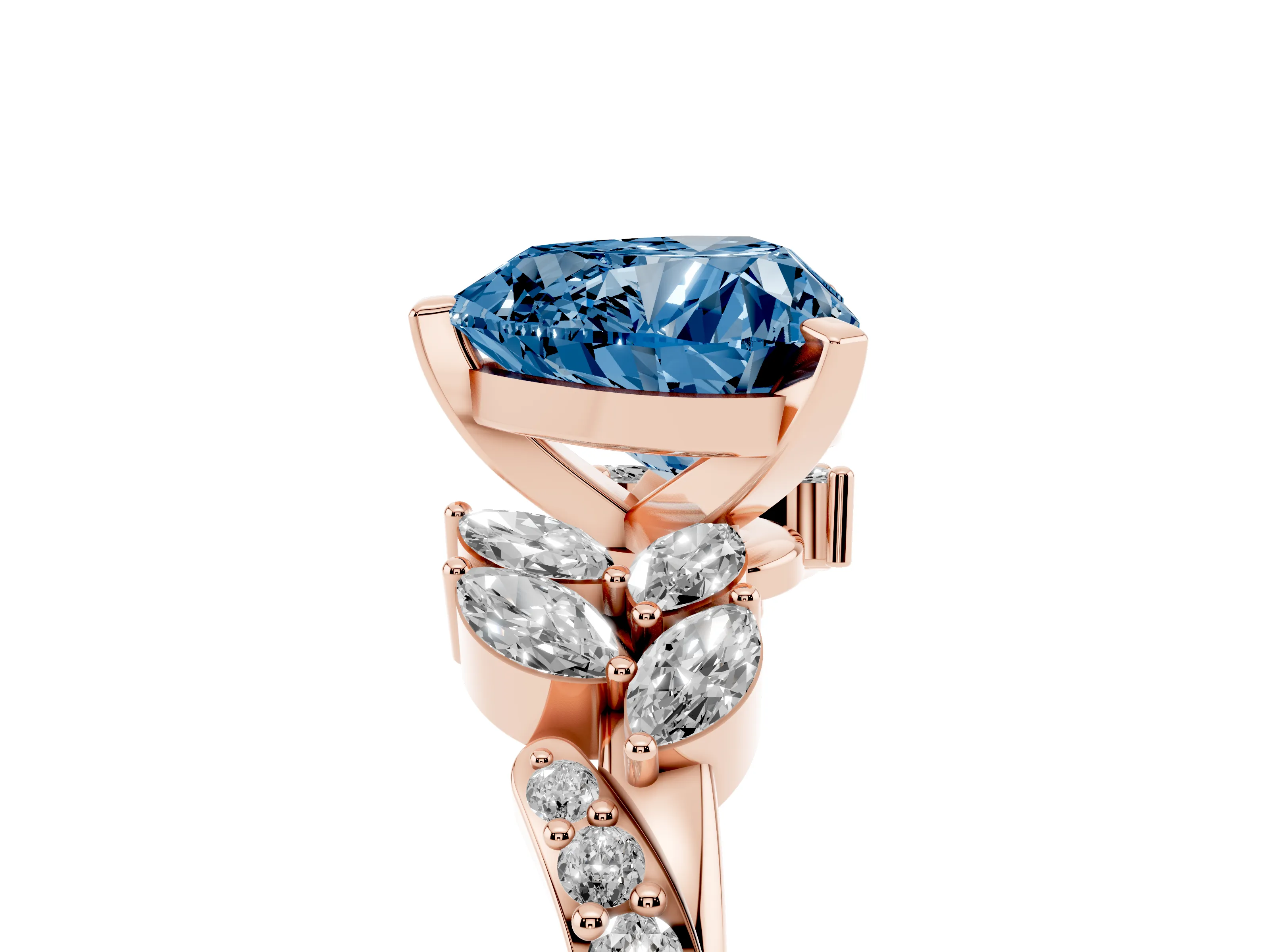 Fancy Blue Heart Cut Diamond Solitaire Ring Set in Rose gold with Marquise Twist Band and Prong Setting