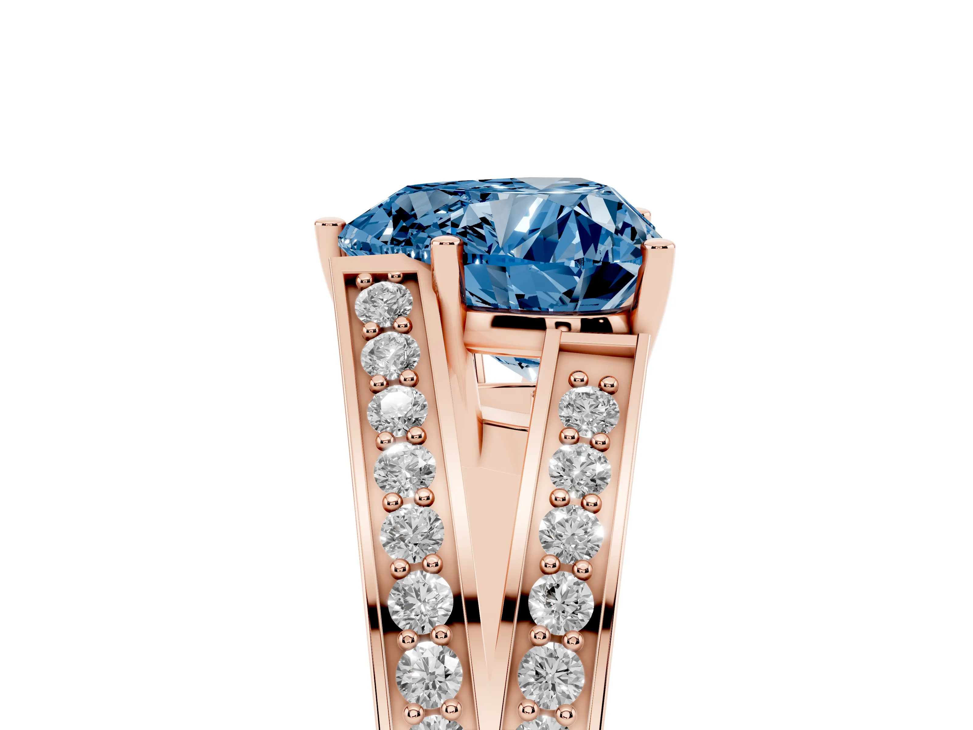 Fancy Blue Heart Cut Diamond Split Shank Ring Set in Rose gold with Pavé Band and Prong Setting
