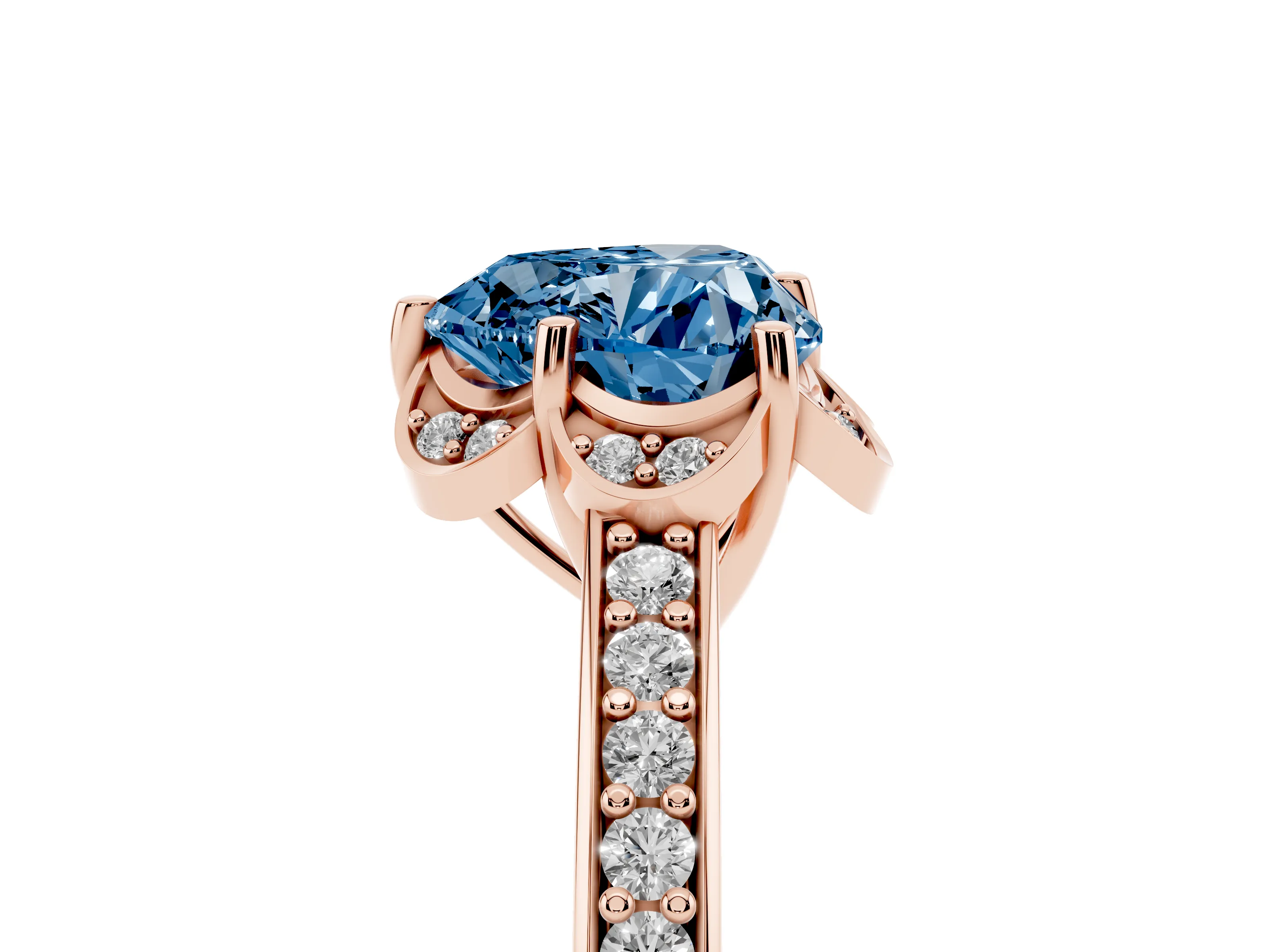 Fancy Blue Heart Cut Diamond Halo Ring Set in Rose gold with Channel Set Band and Prong Setting