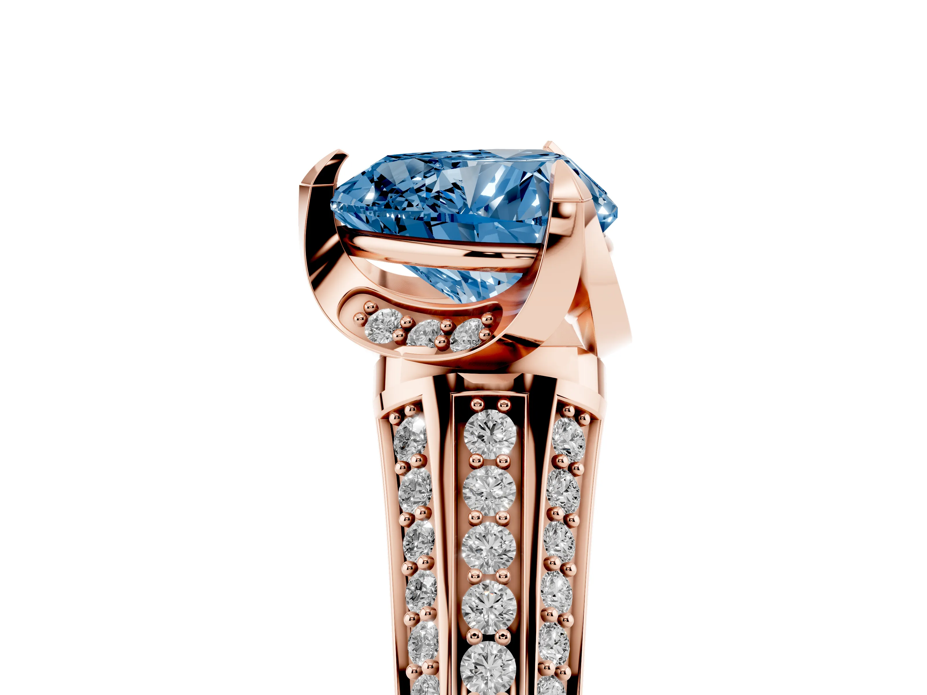 Fancy Blue Heart Cut Diamond Pavé Split Shank Solitaire Ring Set in Rose gold with Prong Setting