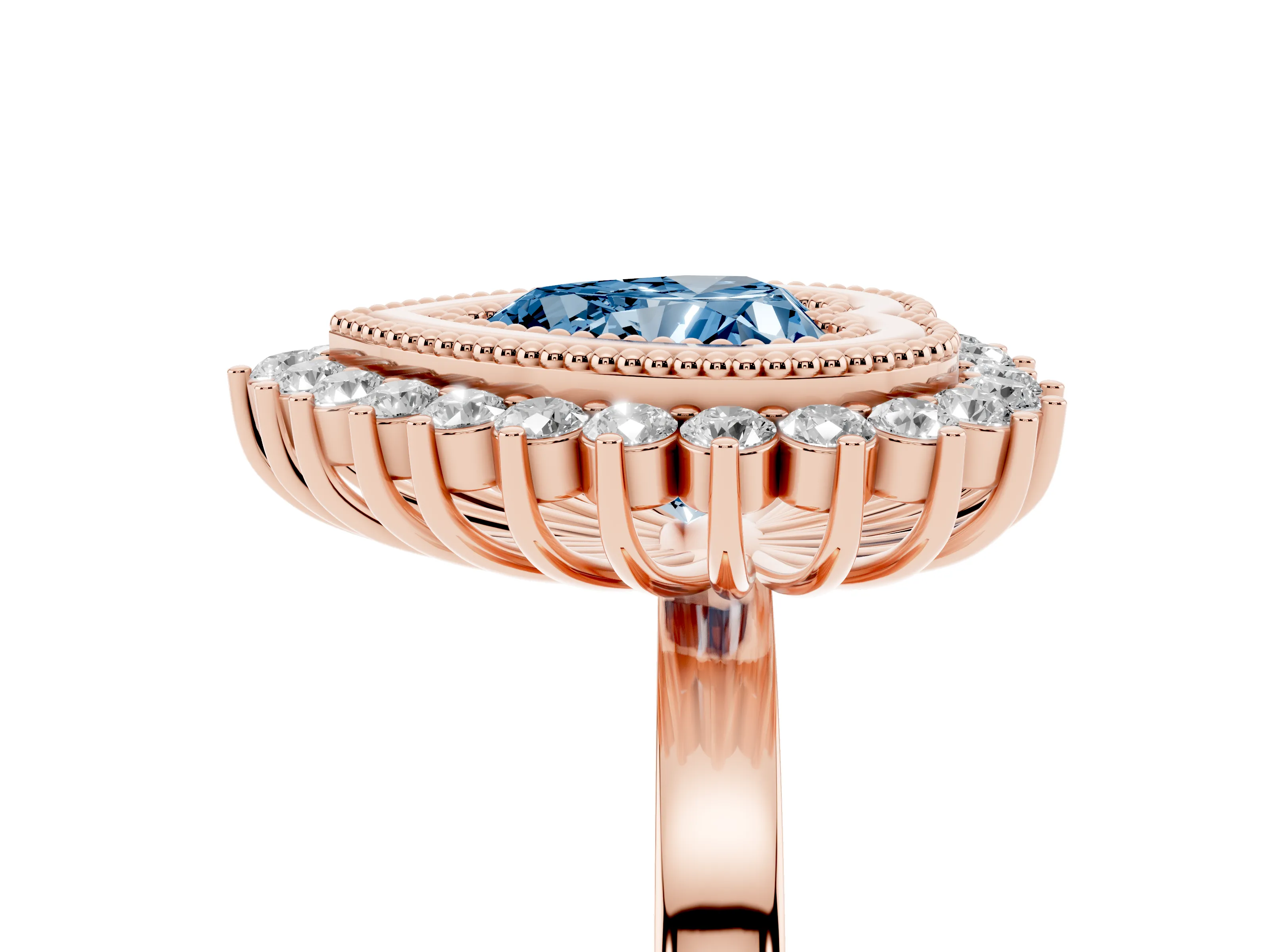 Fancy Blue Heart Cut Diamond Halo Ring Set in Rose gold with Milgrain Edge and Round Prong Setting