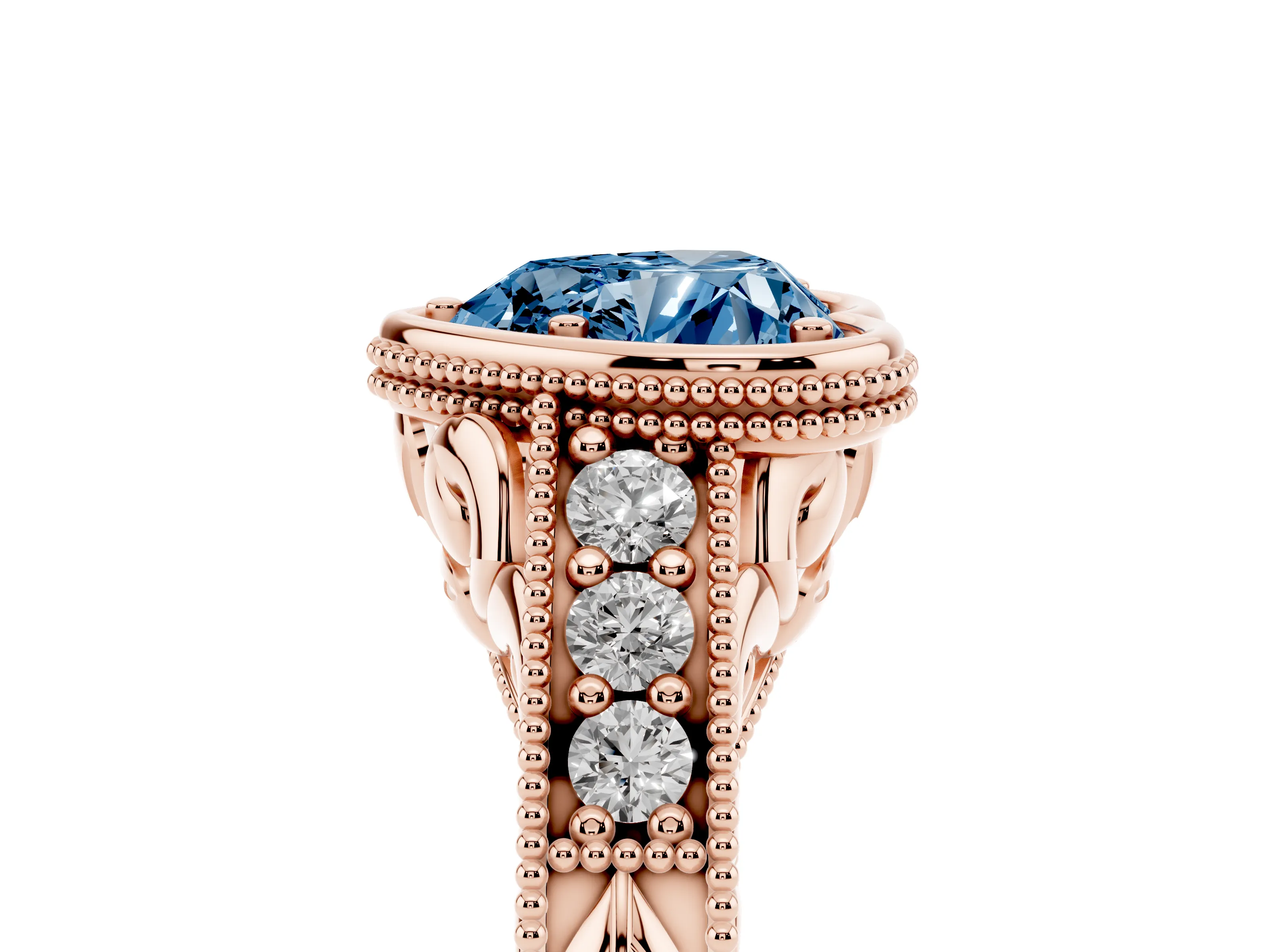Fancy Blue Bezel Set Heart Cut Diamond Milgrain Pavé Engagement Ring Set in Rose gold