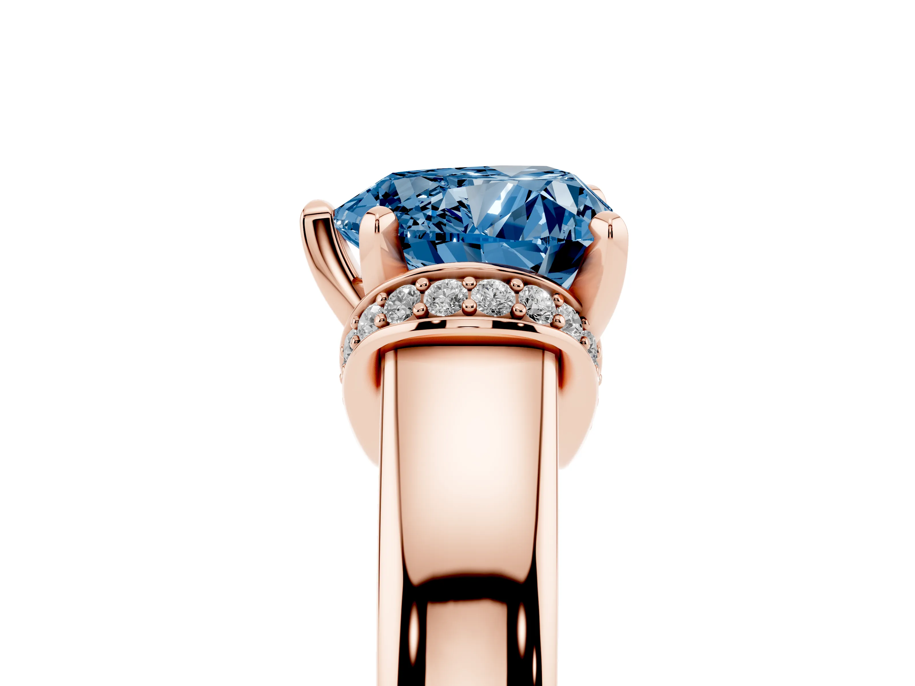 Fancy Blue Heart Cut Diamond Pavé Band Solitaire Ring Set in Rose gold with Prong Setting