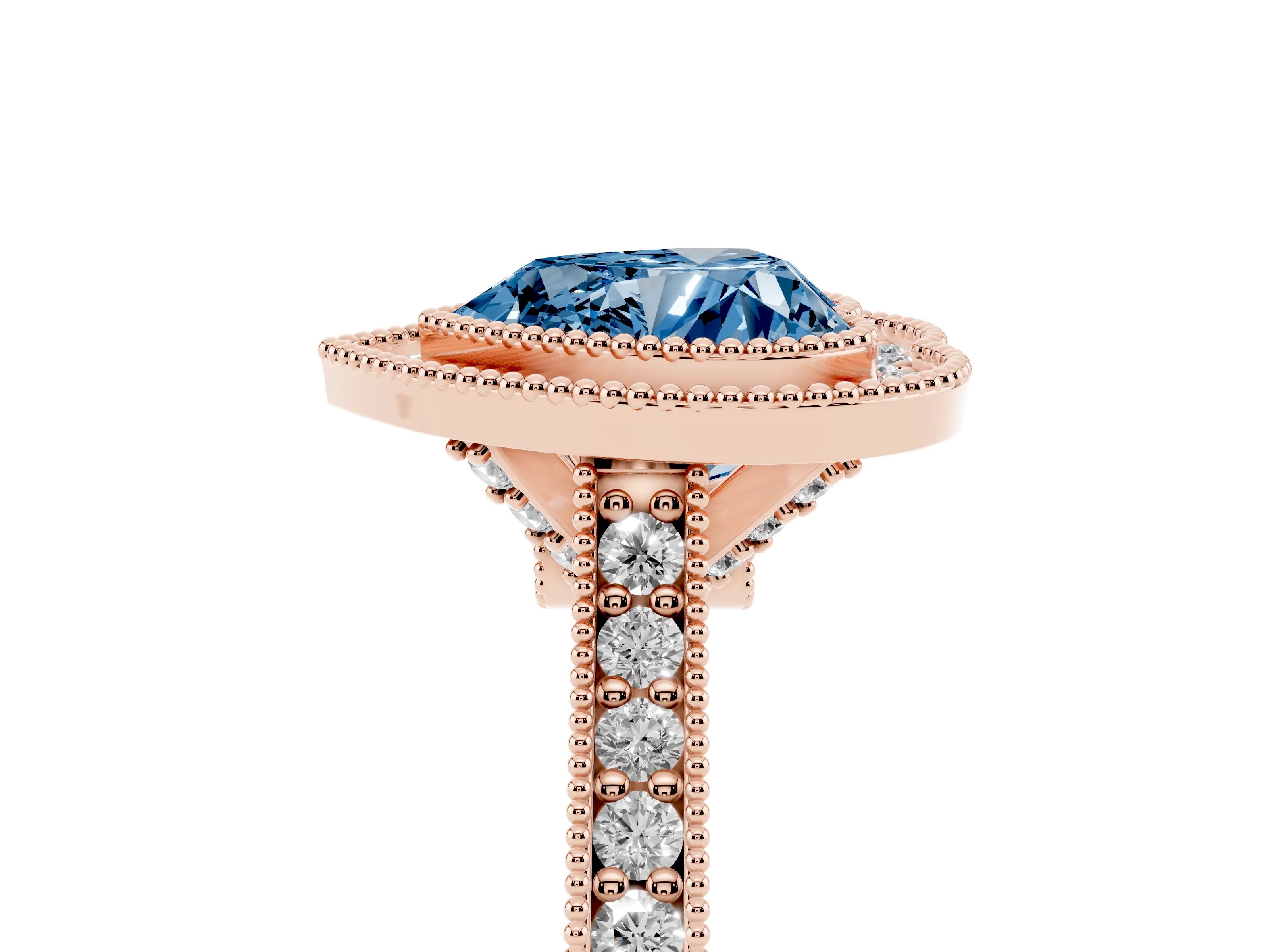 Fancy Blue Heart Cut Diamond Halo Milgrain Pavé Band Ring Set in Rose gold with Prong Setting