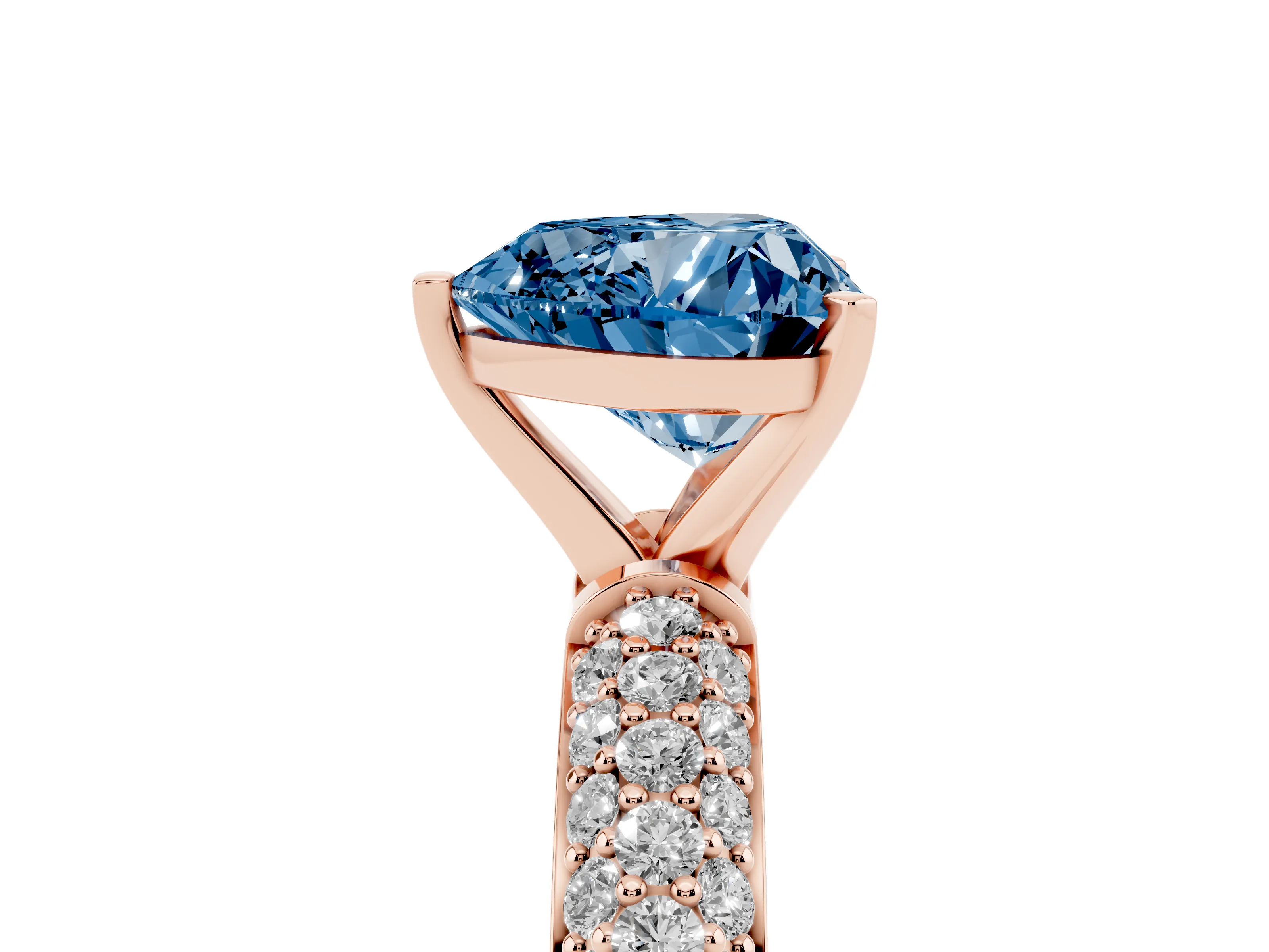 Fancy Blue Heart Cut Diamond Solitaire Ring Set in Rose gold with Prong Setting and Pavé-Set Band