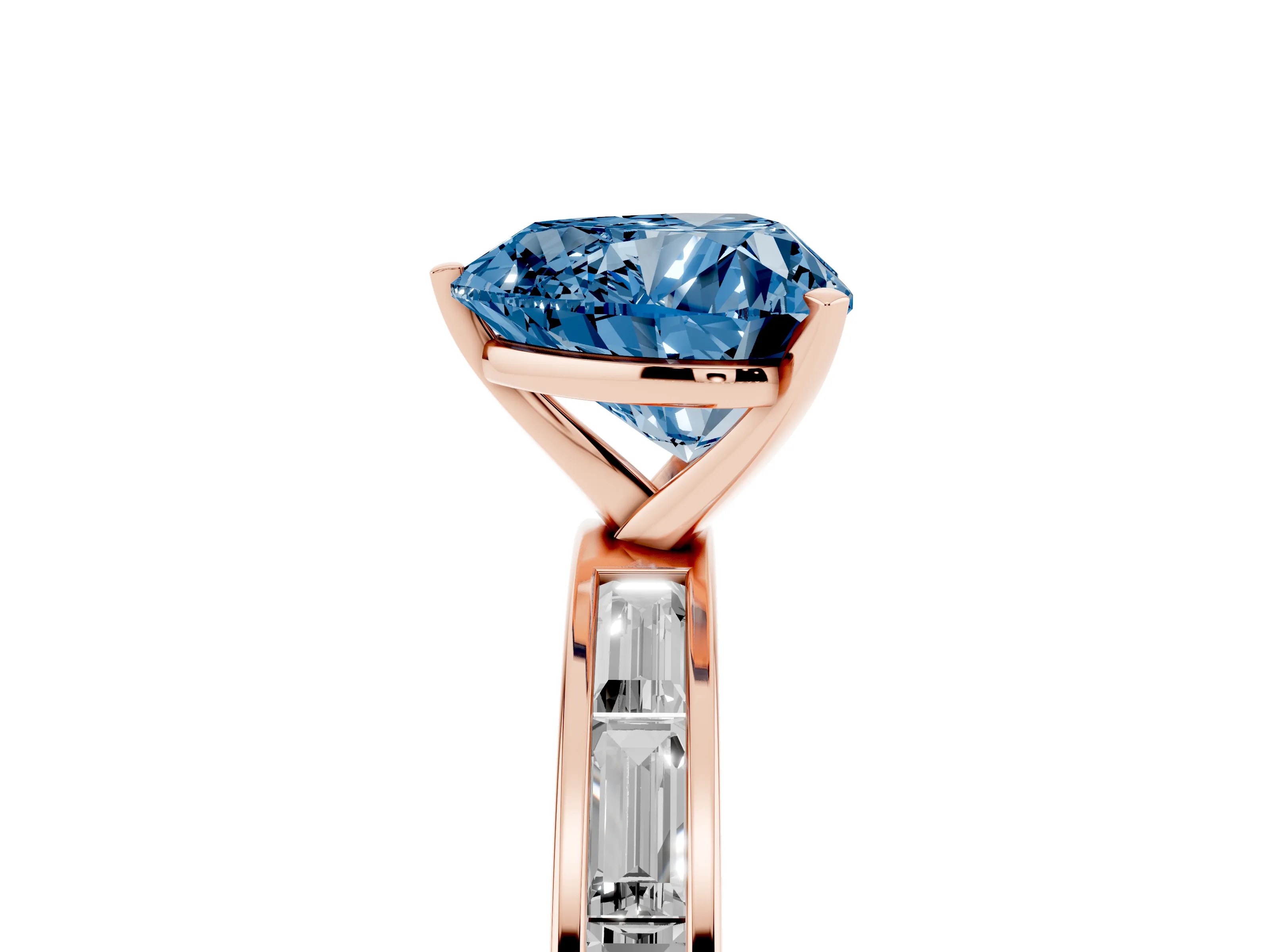 Fancy Blue Heart Cut Diamond Solitaire Ring Set in Rose gold with Channel-Set Baguette Band and Prong Setting