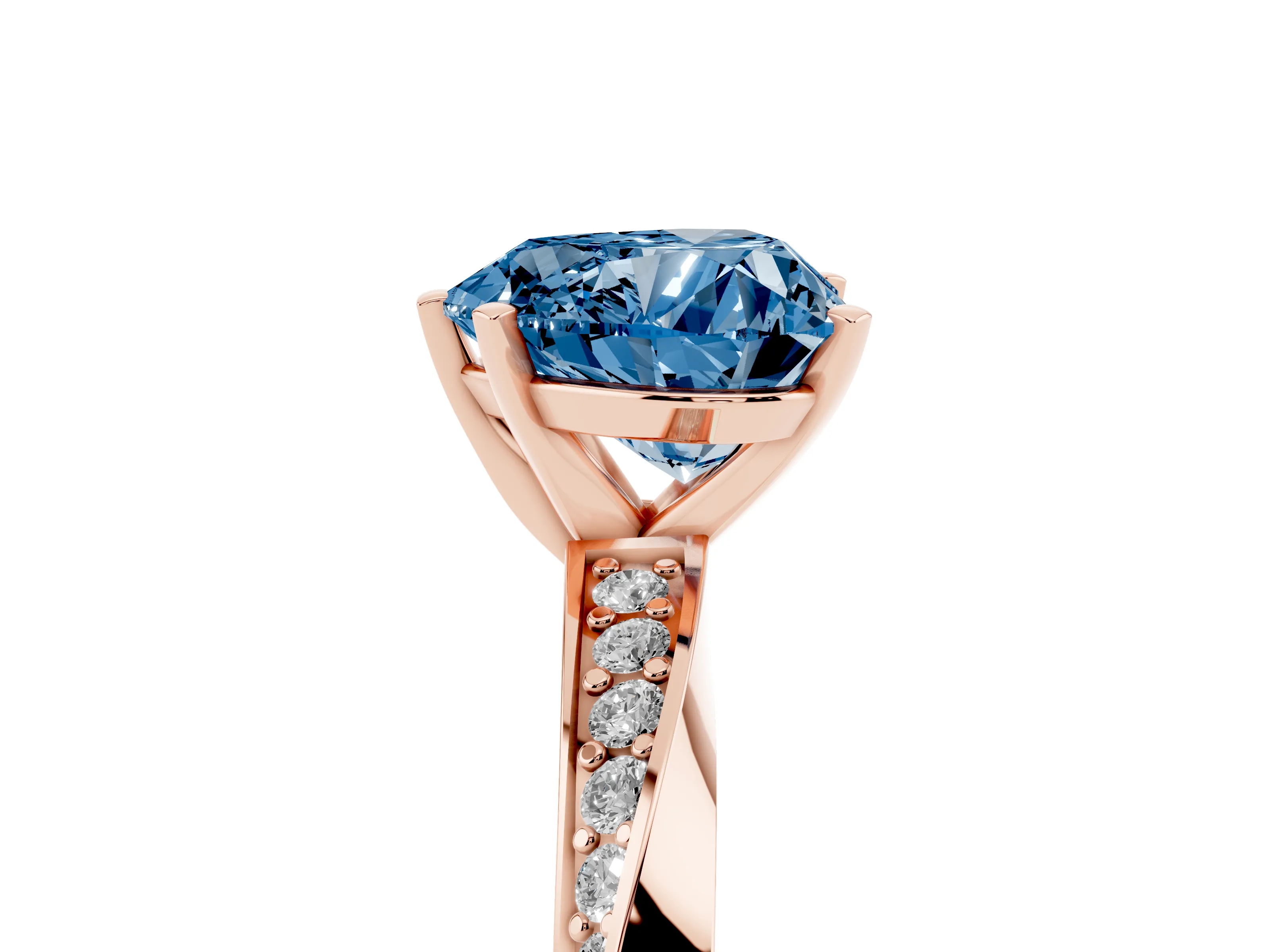 Fancy Blue Heart Cut Diamond Engagement Ring Set in Rose gold with Side Stone Accents and Prong Setting
