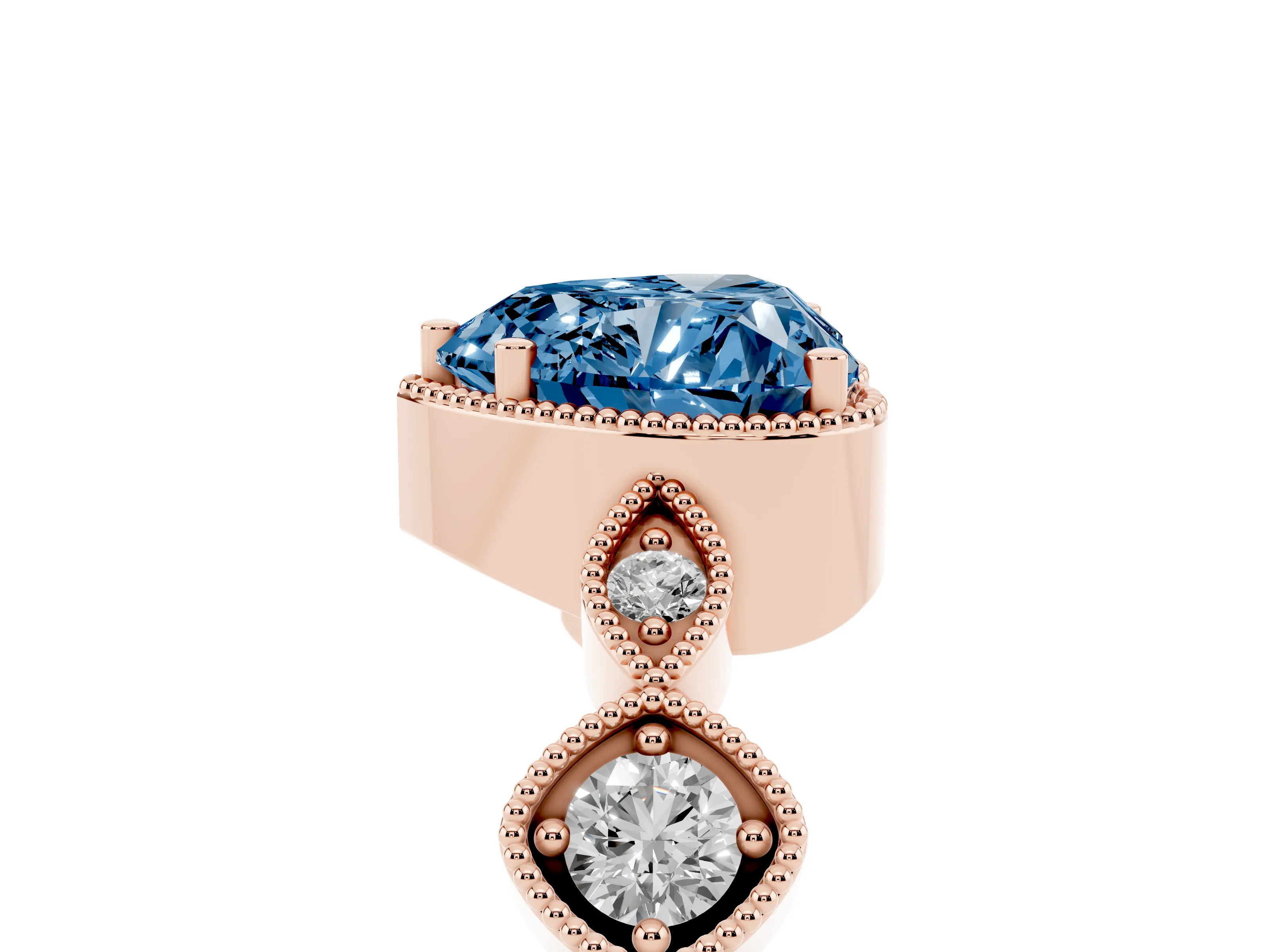 Fancy Blue Heart Cut Diamond Vintage-Inspired Milgrain Ring Set in Rose gold with Marquise Stations of Round Accents
