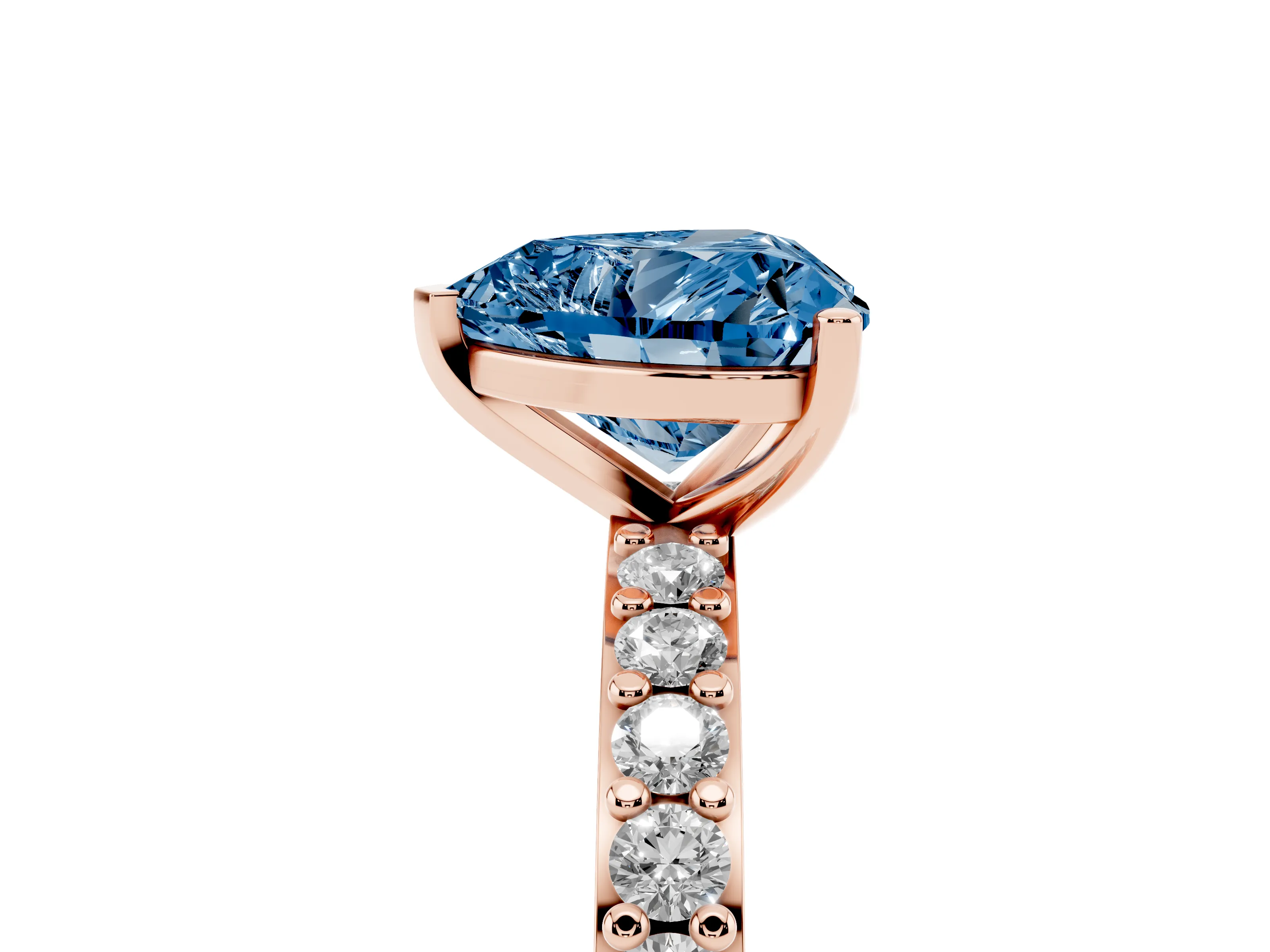 Fancy Blue Heart Cut Diamond Solitaire Set in Rose gold with Round Pavé Band and Prong Setting