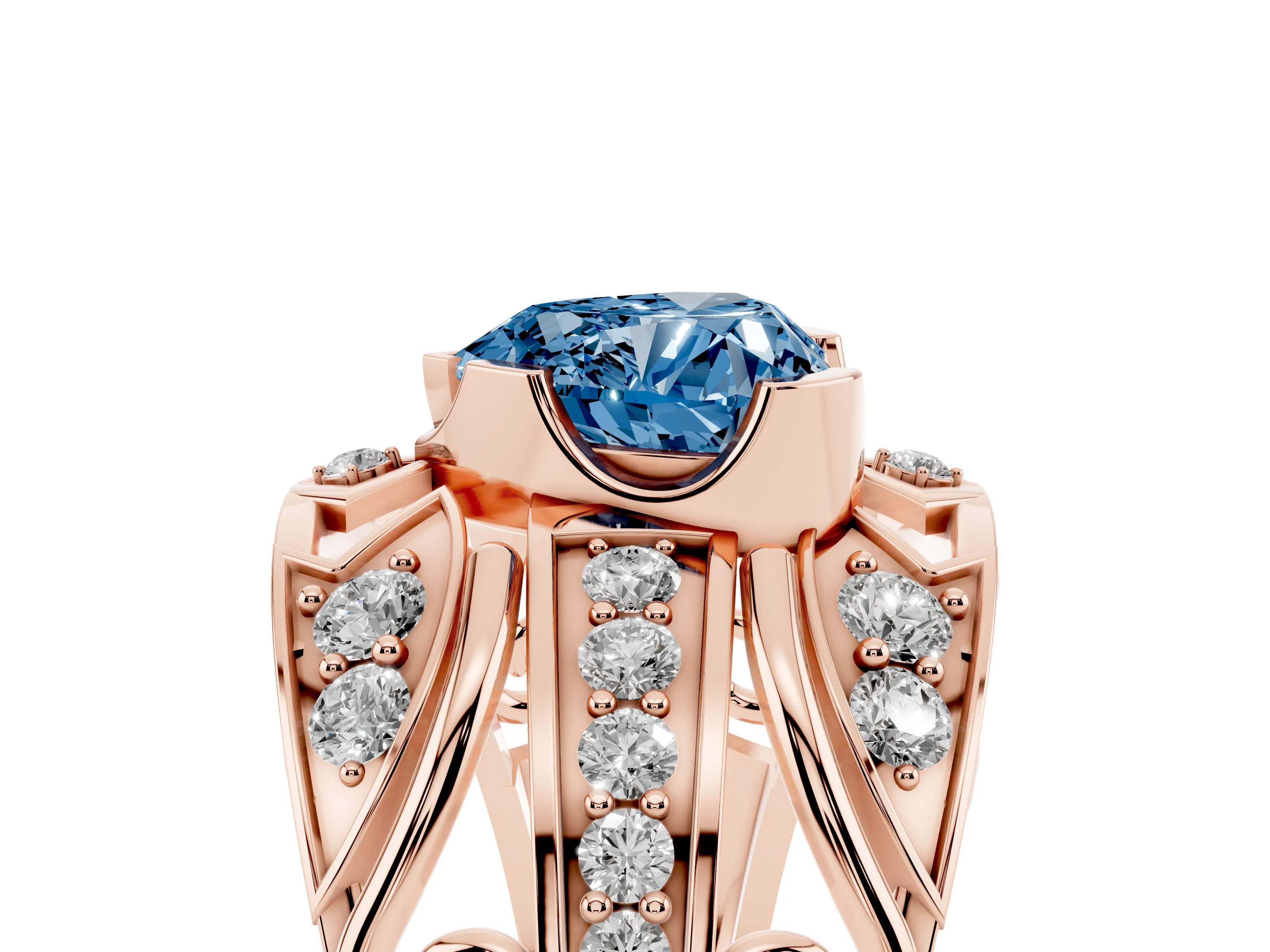 Fancy Blue Heart Cut Diamond Art Deco Ring Set in Rose gold with Pavé Split Shank