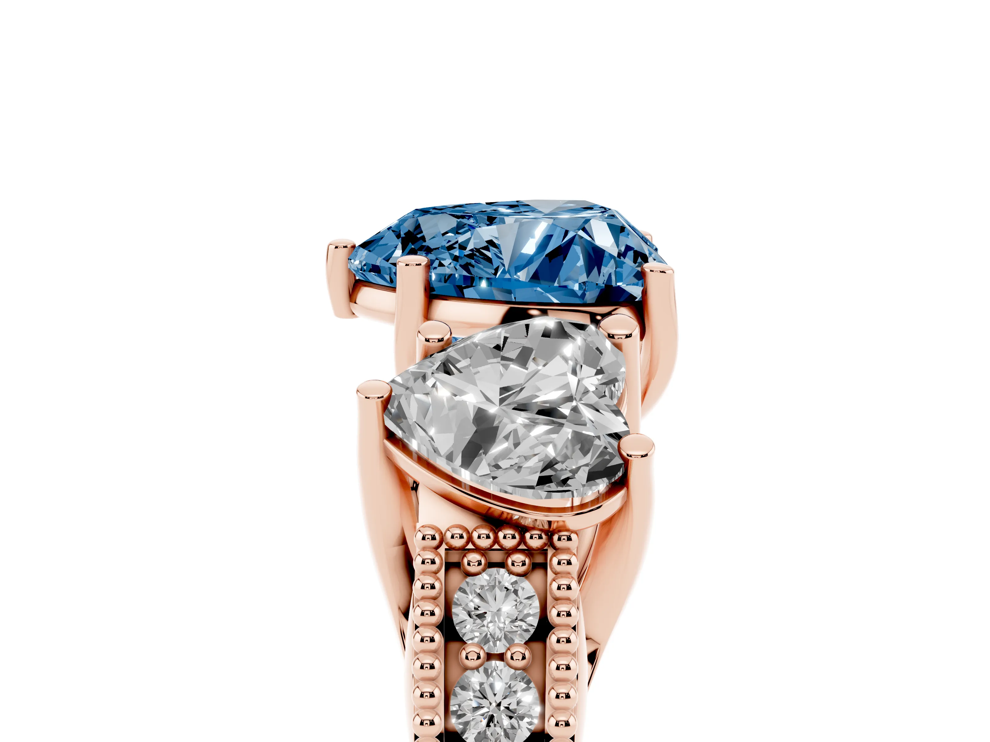 Fancy Blue Heart Cut Diamond Three-Stone Engagement Ring Set in Rose gold with Milgrain Pavé Band
