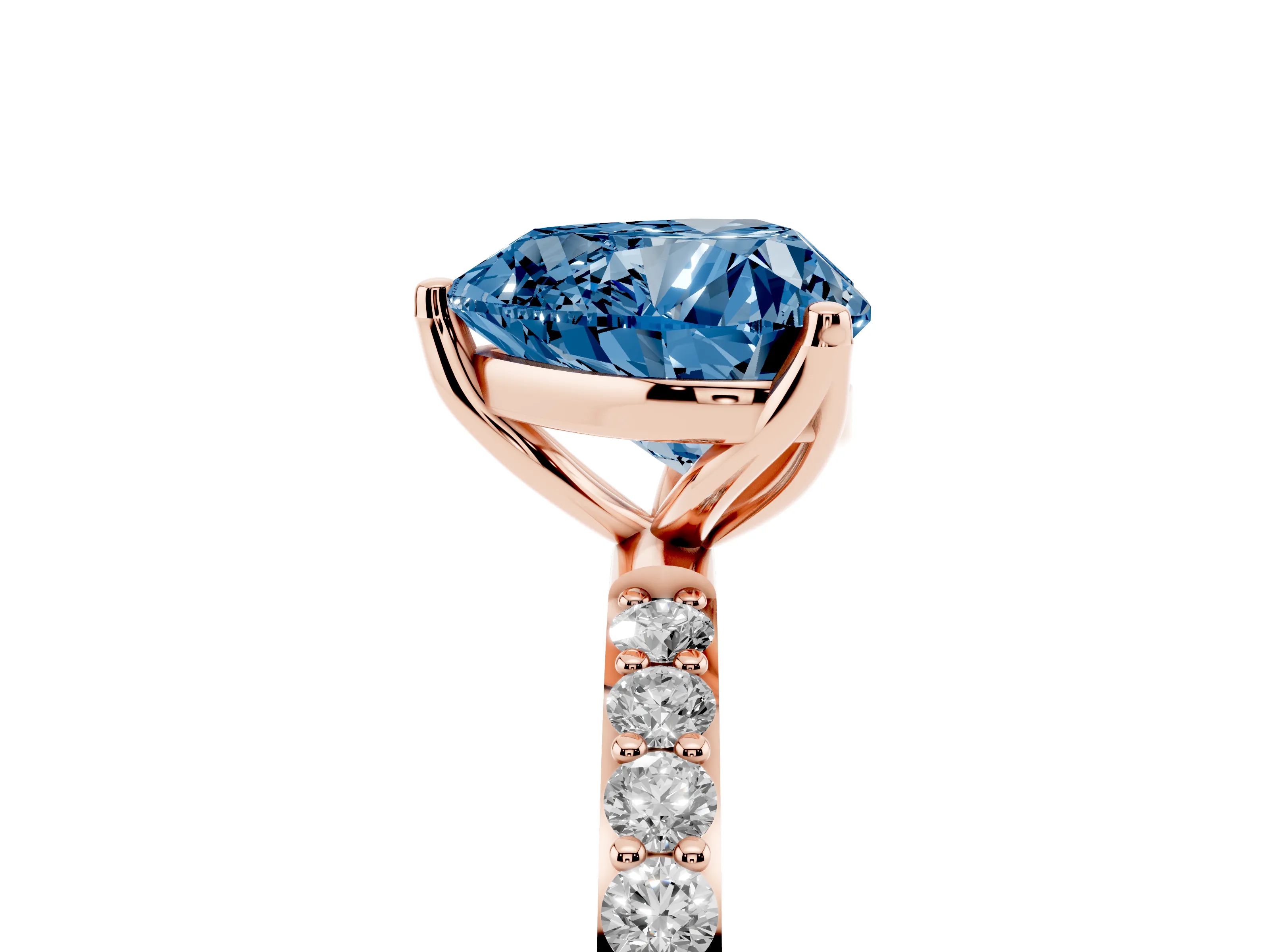 Fancy Blue Heart Cut Diamond Solitaire Engagement Ring Set in Rose gold with Round Pavé Band and Prong Setting