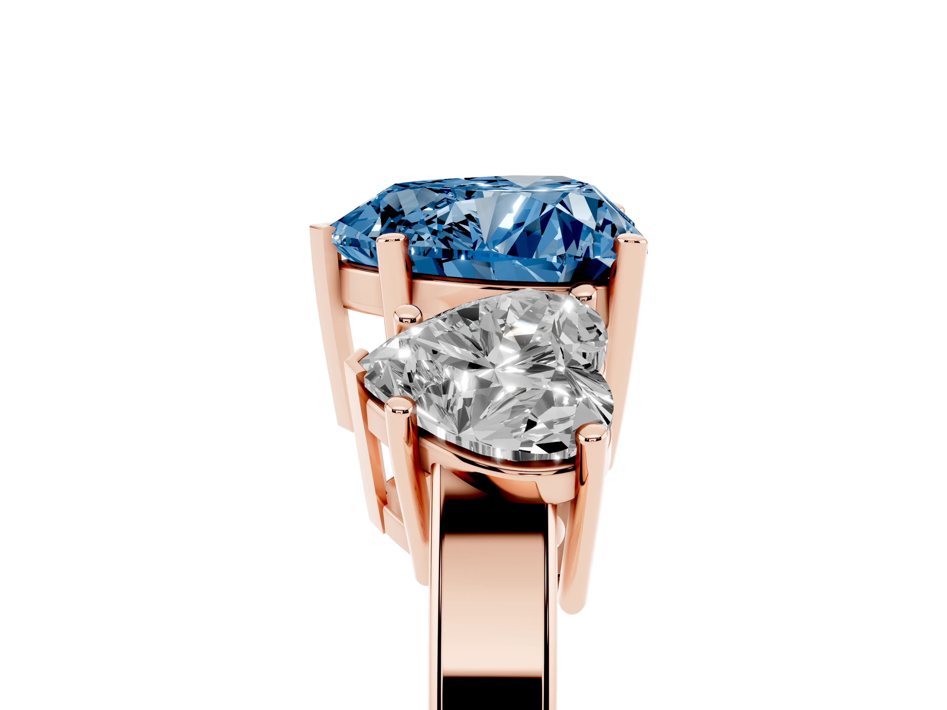 Fancy Blue Heart Cut Diamond Three-Stone Engagement Ring Set in Rose gold with Flat Band