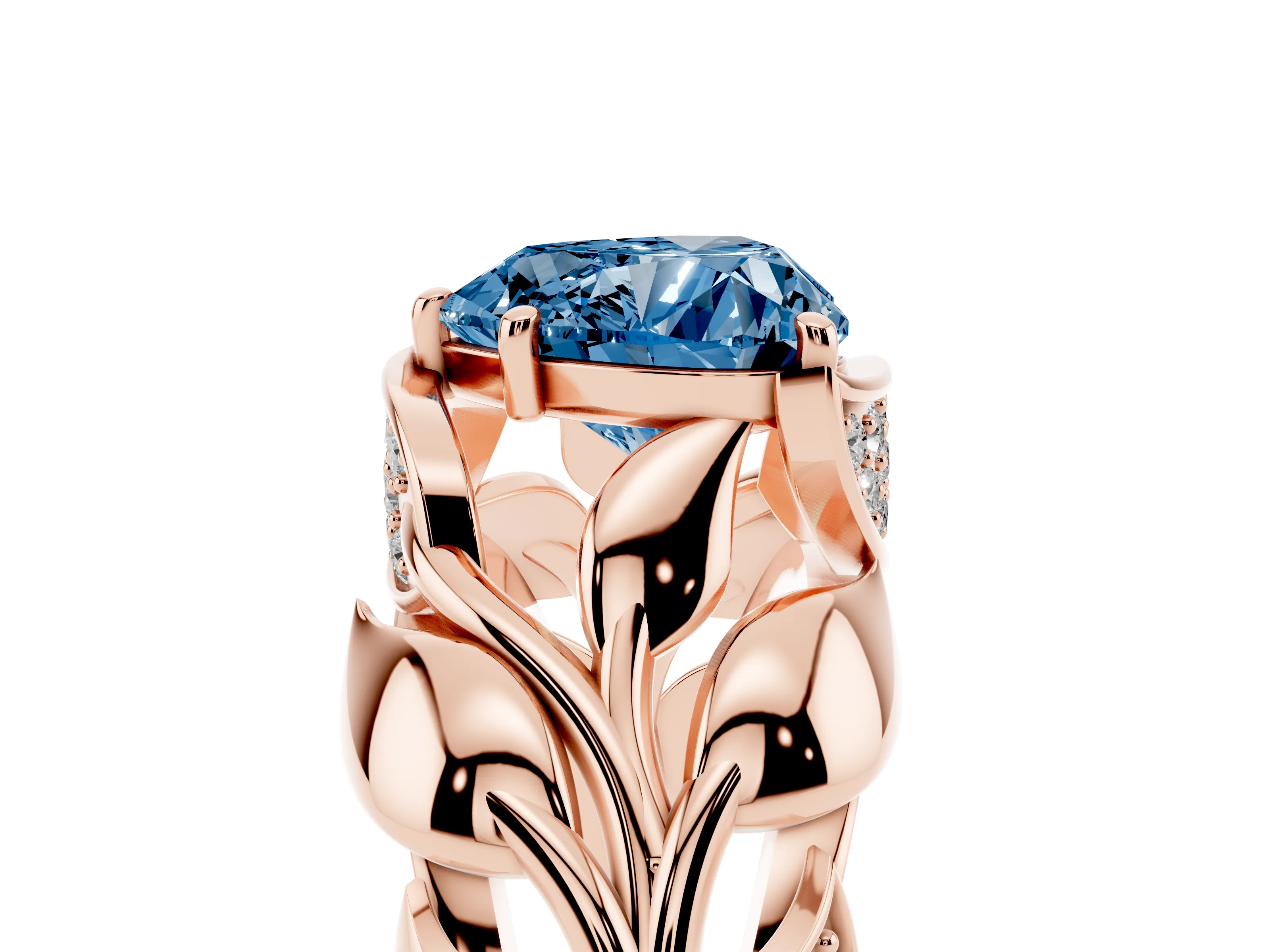 Fancy Blue Heart Cut Diamond Leaf-Inspired Engagement Ring Set in Rose gold with Round Accents