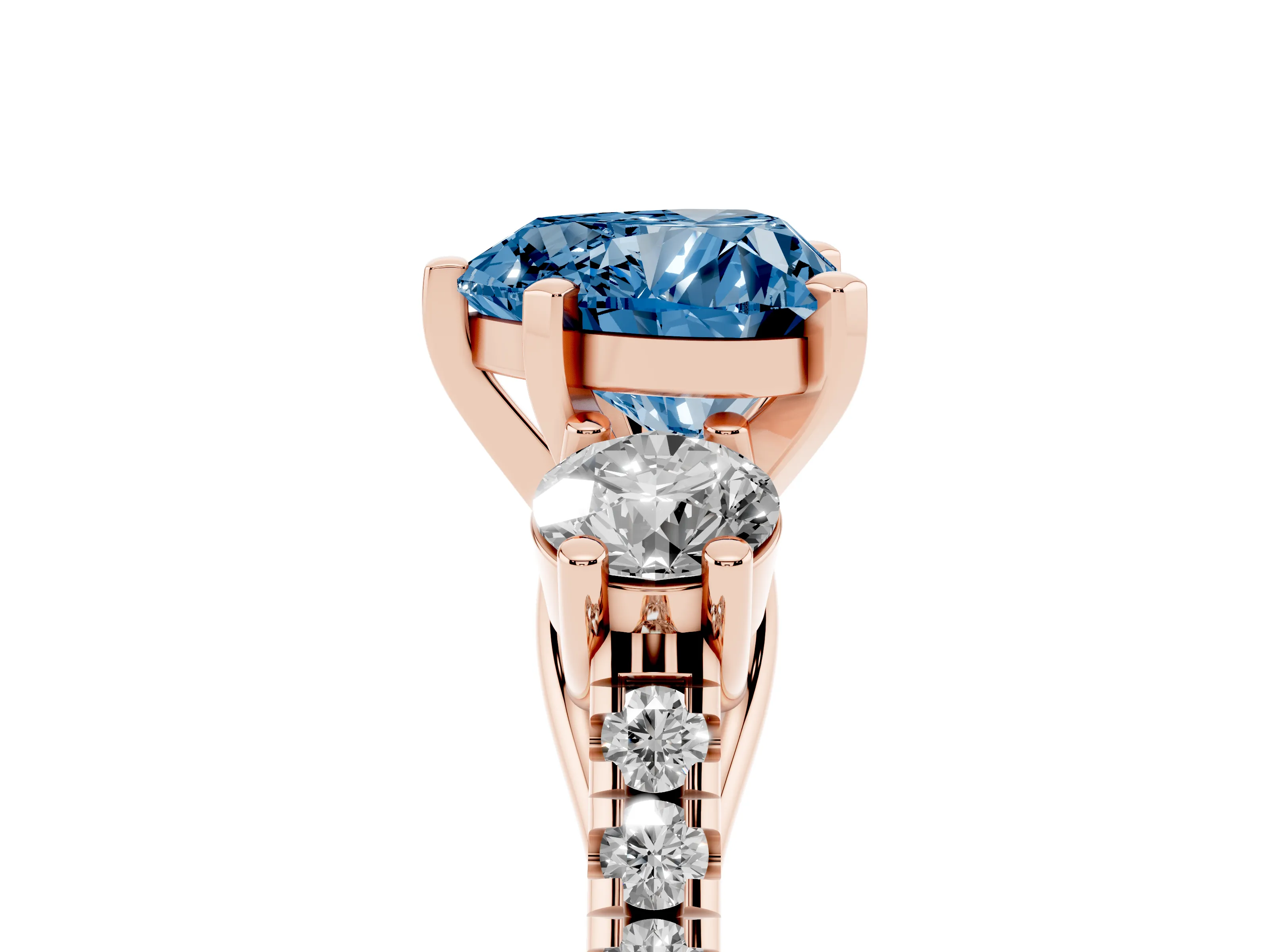 Fancy Blue Three-Stone Heart Cut Diamond Pavé Band Ring Set in Rose gold with Prong-Set Trio