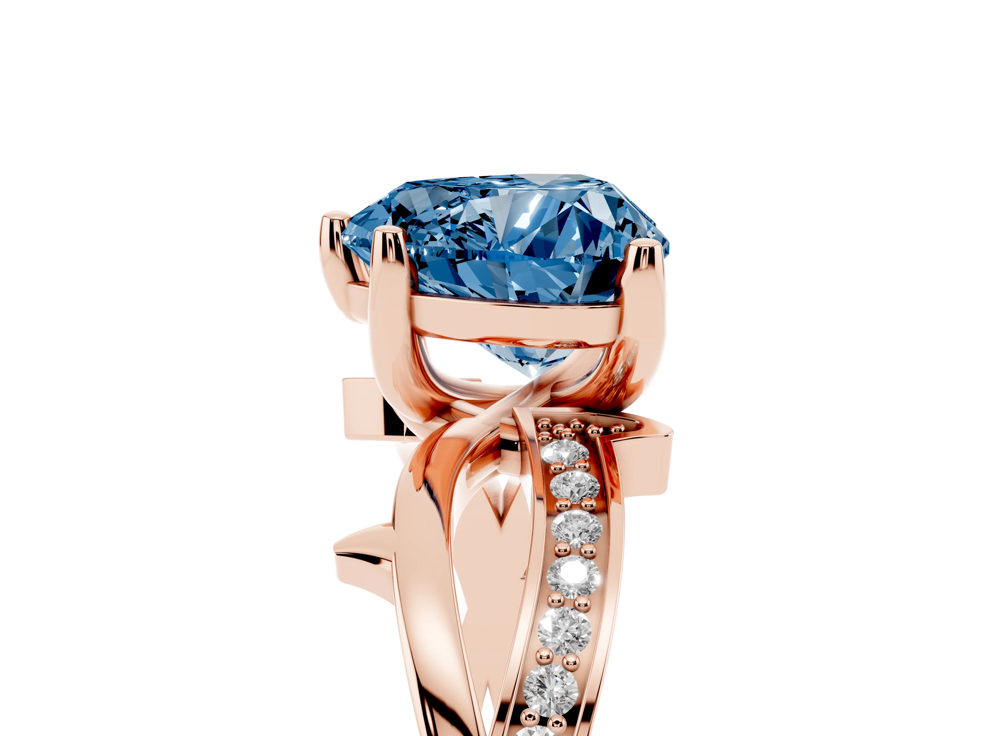 Fancy Blue Heart Cut Diamond Pavé Twist Band Solitaire Ring Set in Rose gold with Prong Setting