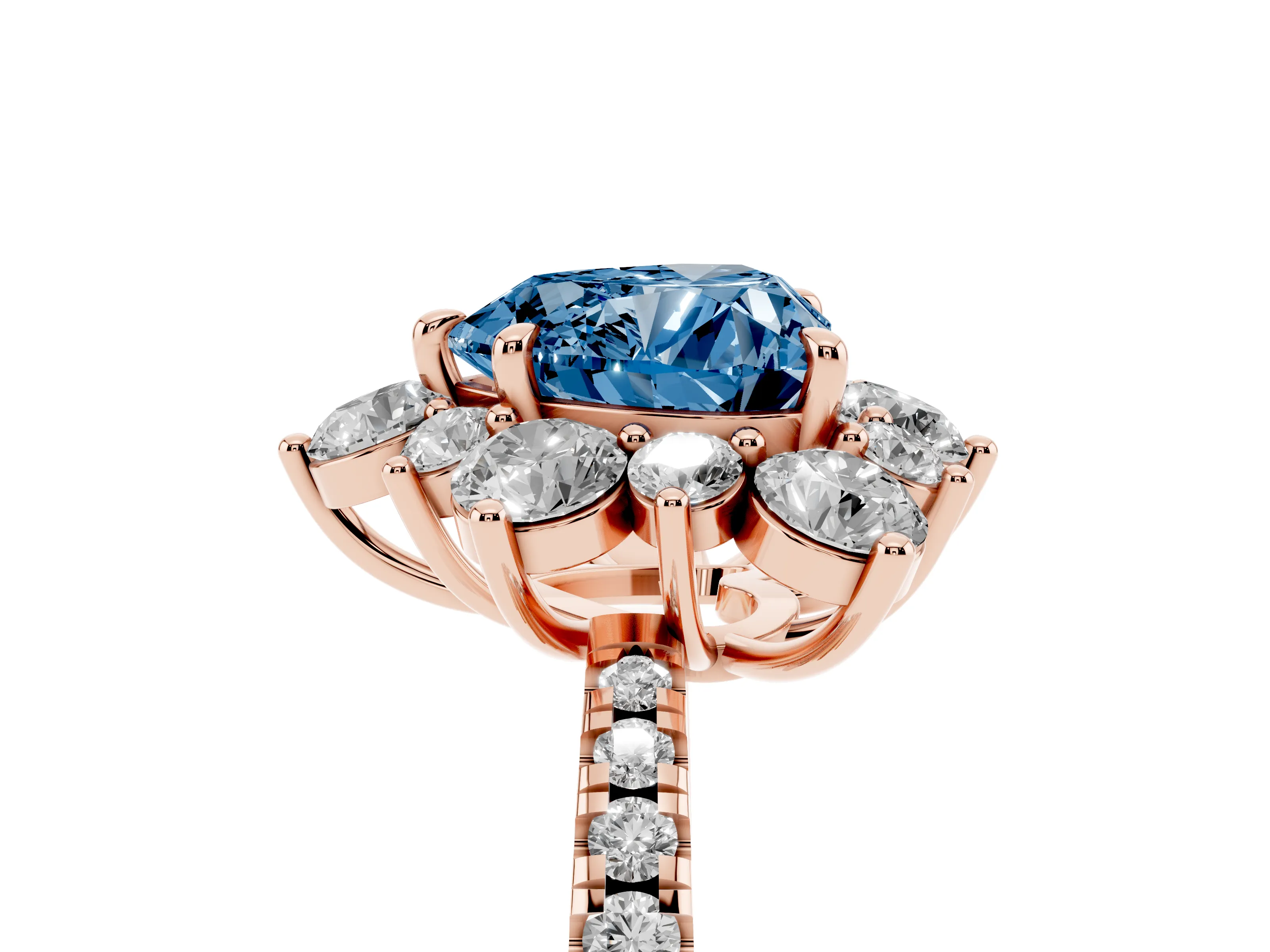 Fancy Blue Heart Cut Diamond Floral Halo Ring Set in Rose gold with Round Pavé Band and Prong Setting