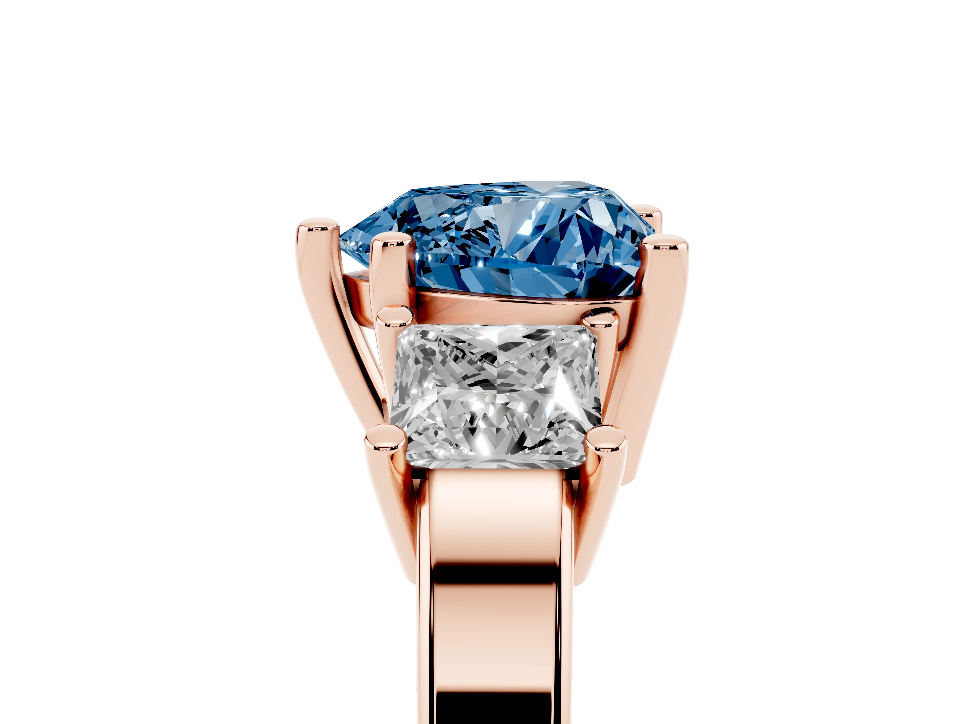 Fancy Blue Three-Stone Heart Cut Diamond Solitaire Ring Set in Rose gold with Prong Setting
