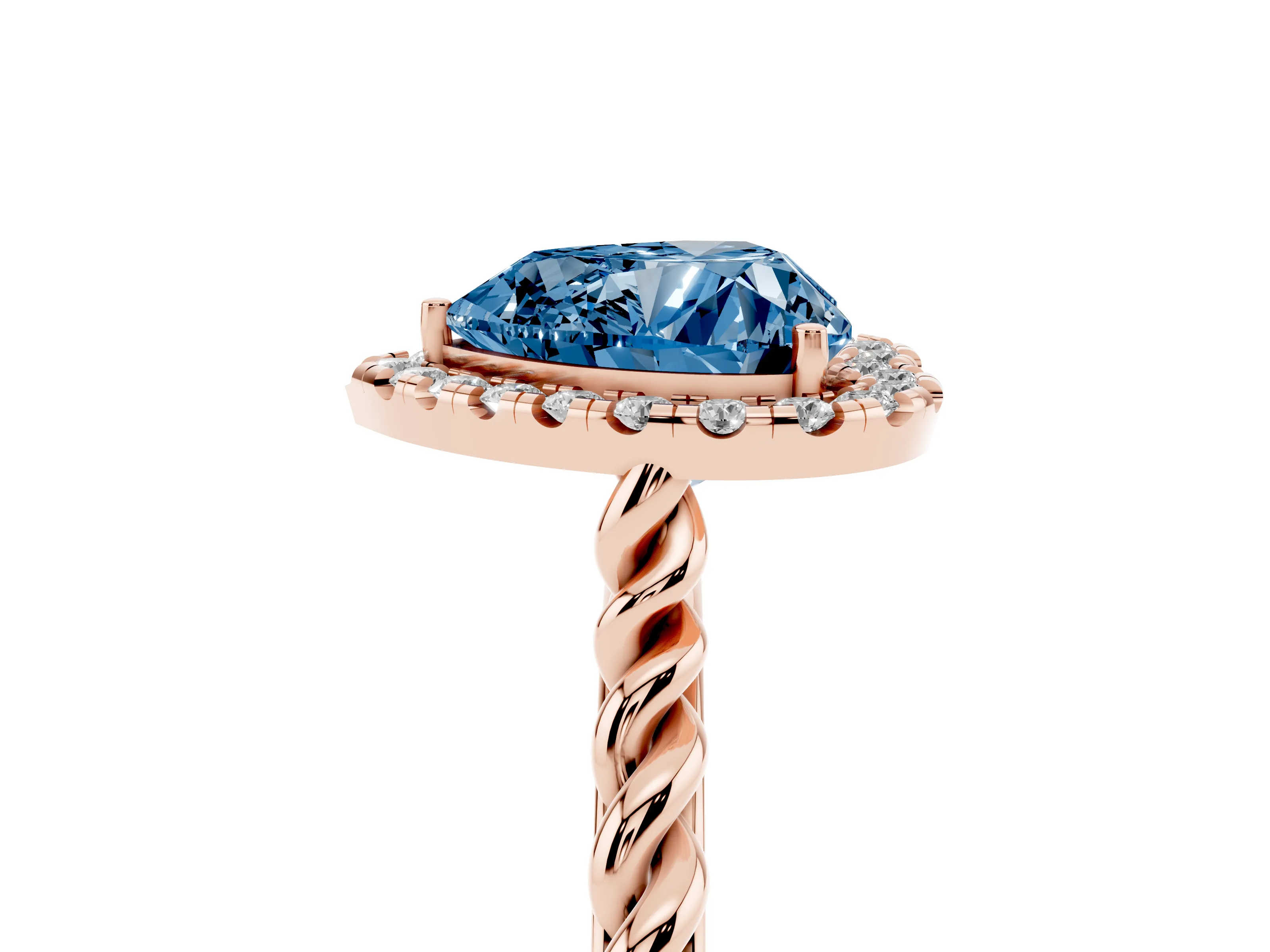 Fancy Blue Heart Cut Diamond Halo Ring Set in Rose gold with Plain Twisted Band