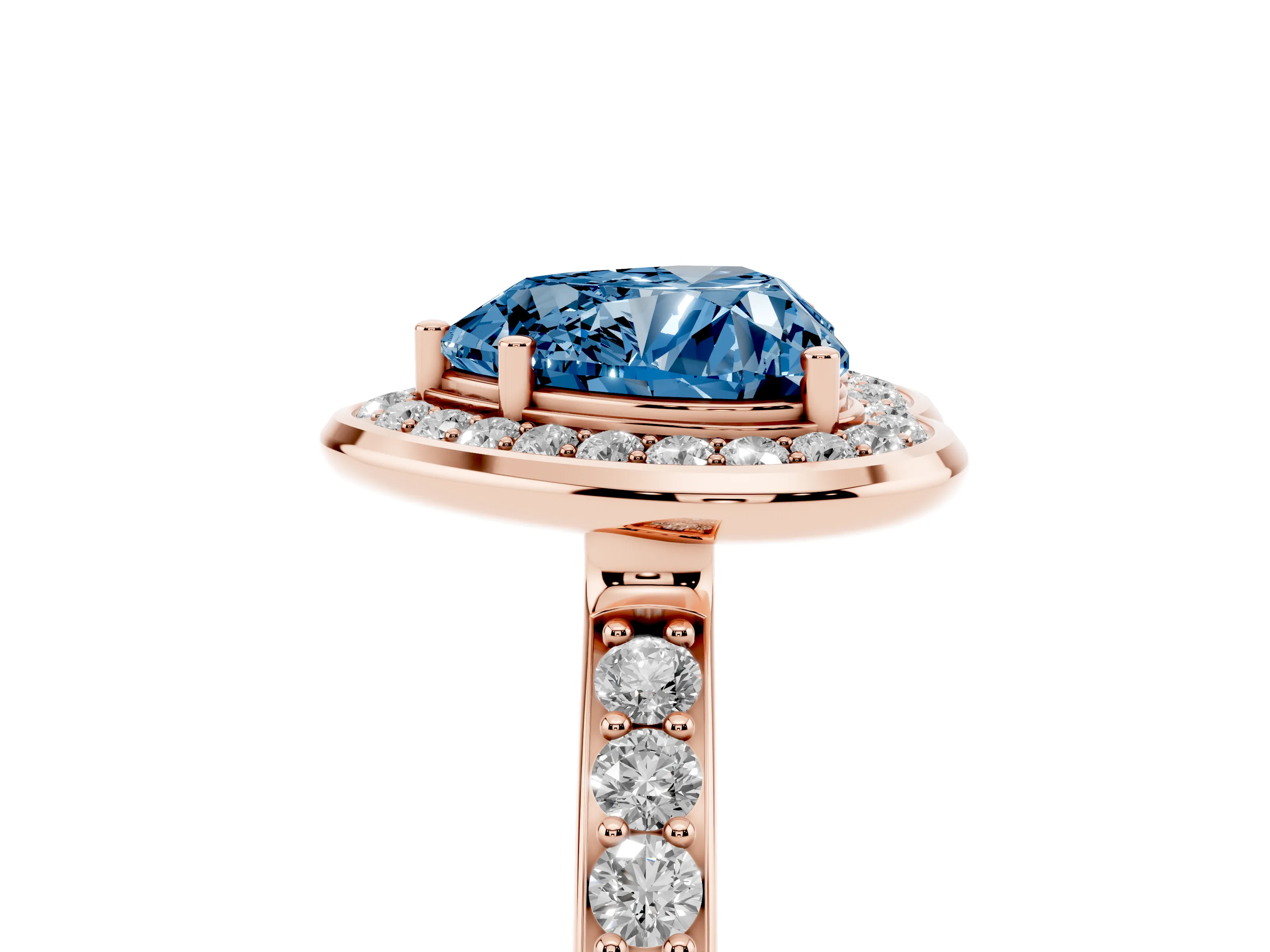 Fancy Blue Heart Cut Diamond Halo Ring Set in Rose gold with Bezel Frame and Pavé Band