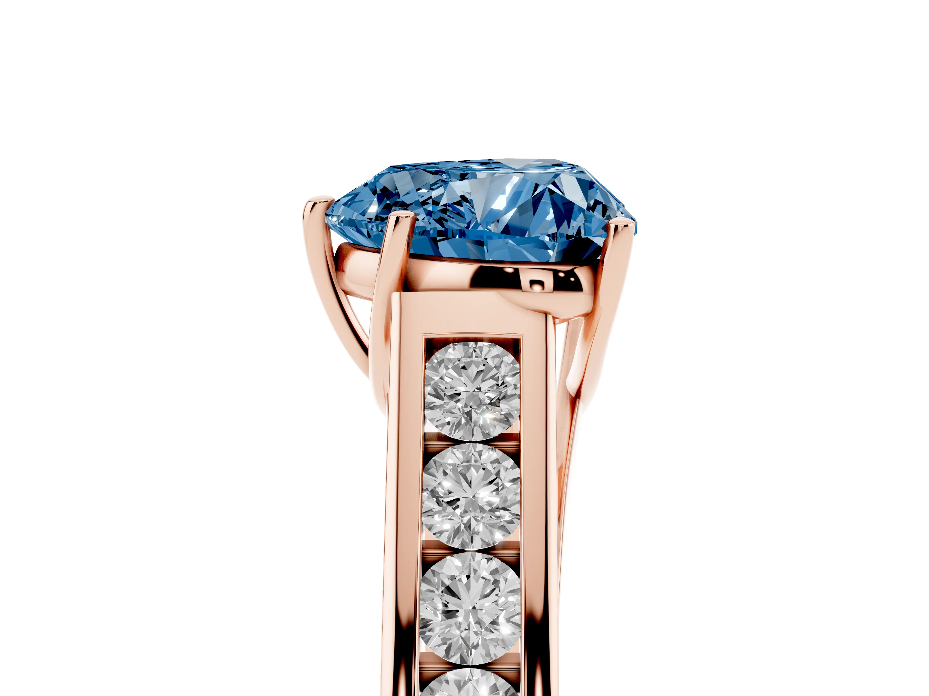 Fancy Blue Heart Cut Diamond Solitaire Channel-Set Engagement Ring Set in Rose gold with Prong Setting