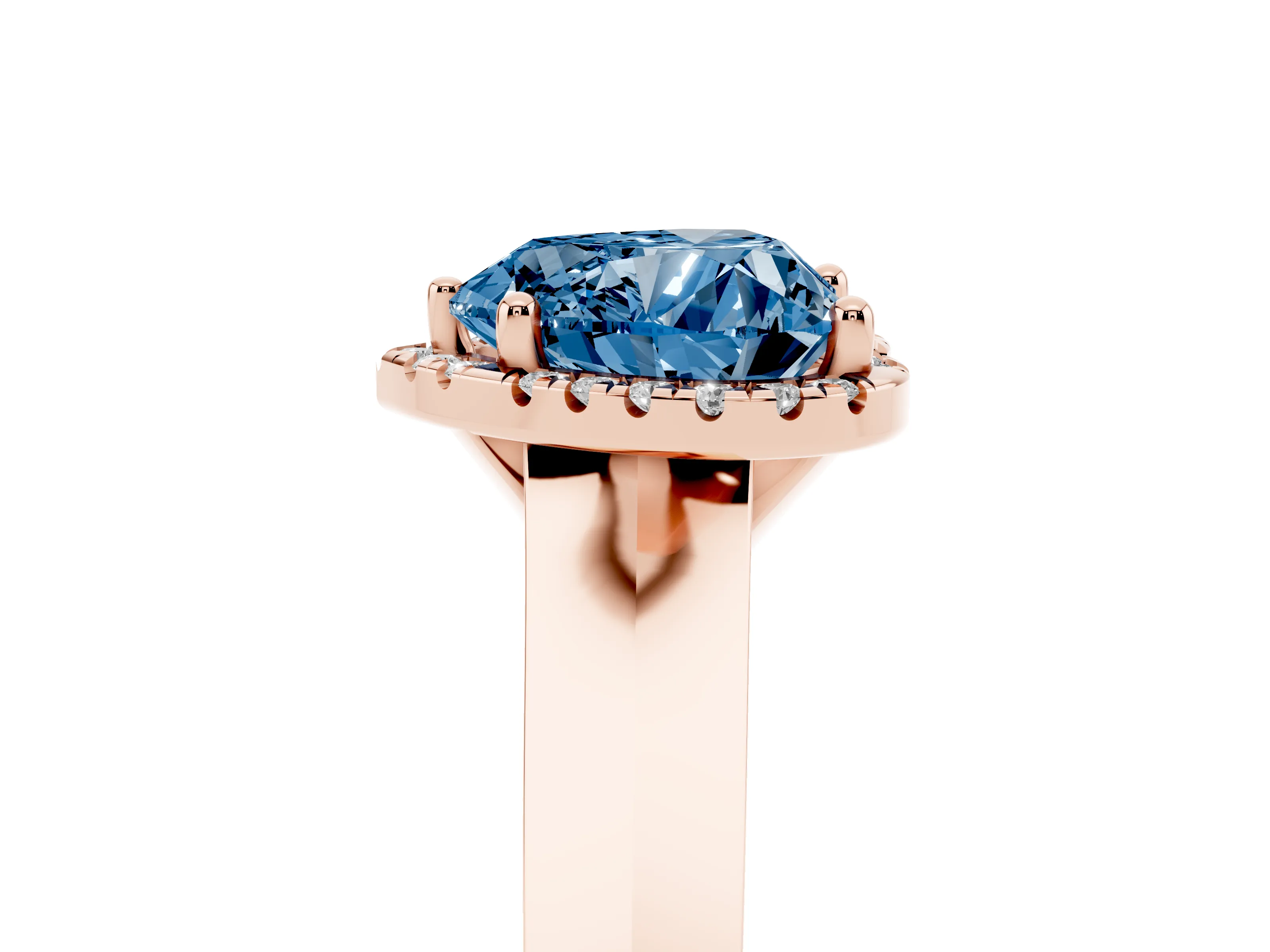Fancy Blue Heart Cut Diamond Halo Ring Set in Rose gold with Cathedral Band and Prong Setting