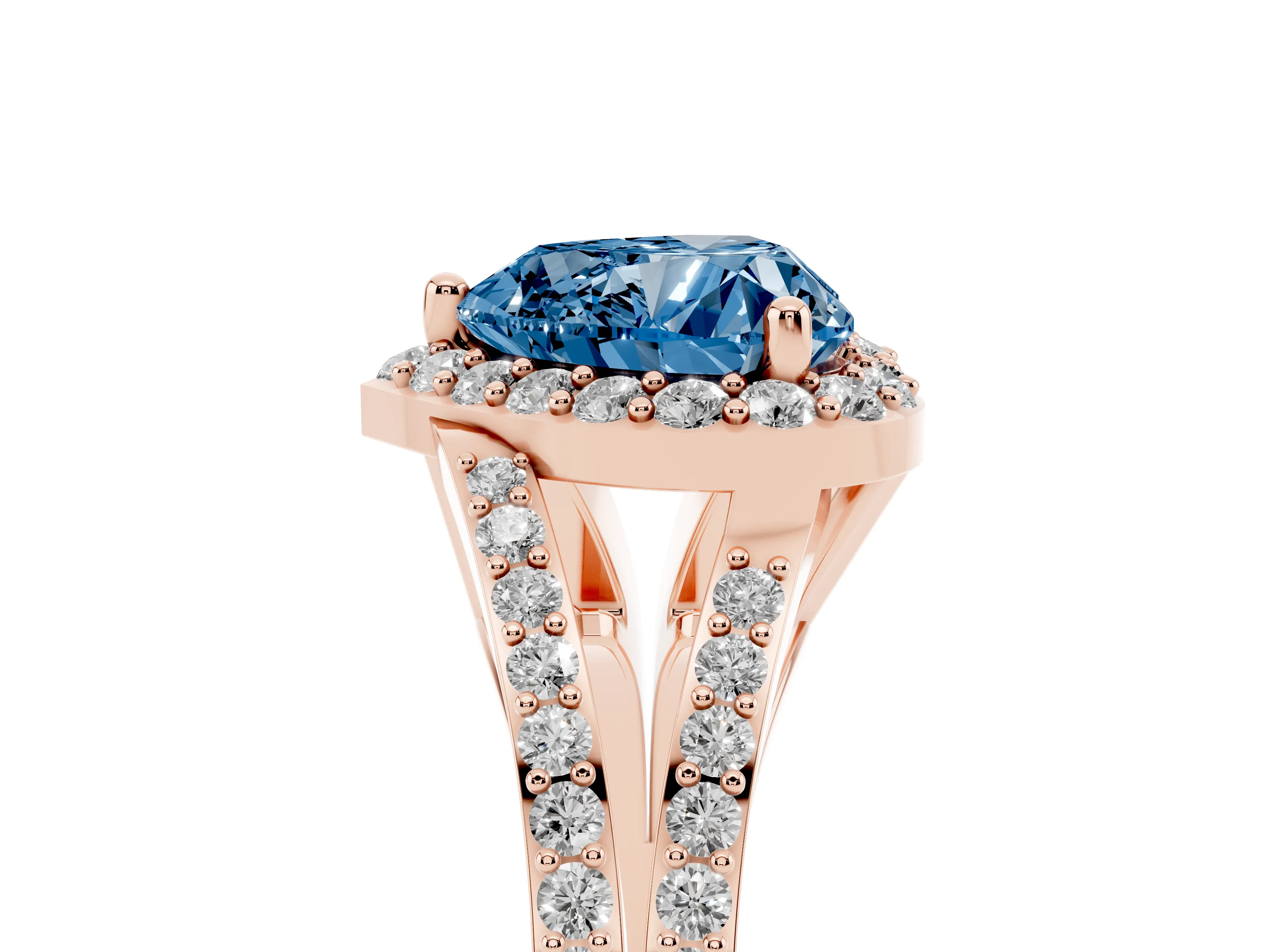 Fancy Blue Heart Cut Diamond Halo Split Shank Pavé Ring Set in Rose gold with Prong Setting