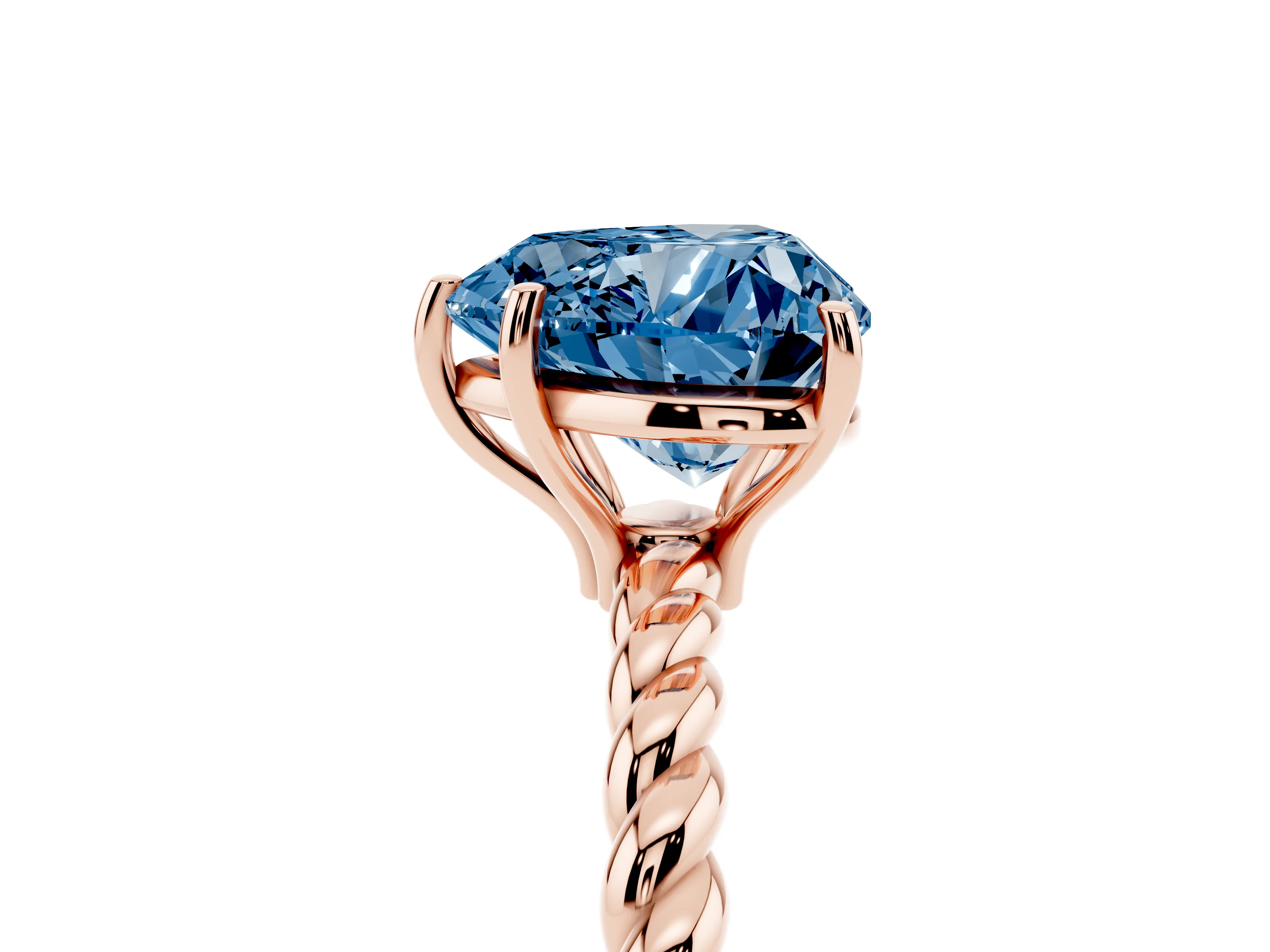 Fancy Blue Heart Cut Diamond Solitaire Ring Set in Rose gold with Twist Band and Prong Setting