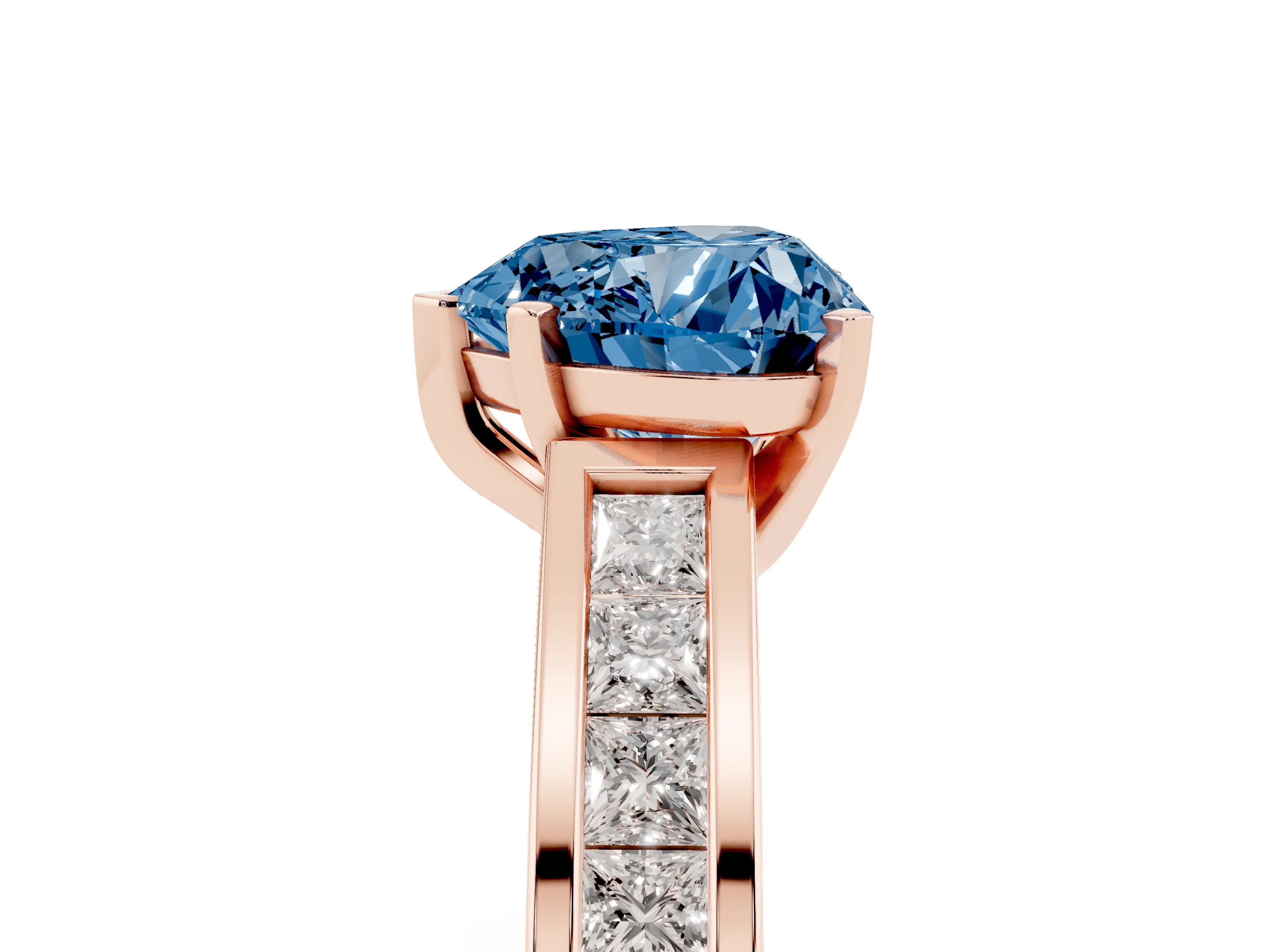 Fancy Blue Heart Cut Diamond Solitaire Ring Set in Rose gold with Channel-Set Band and Prong Setting