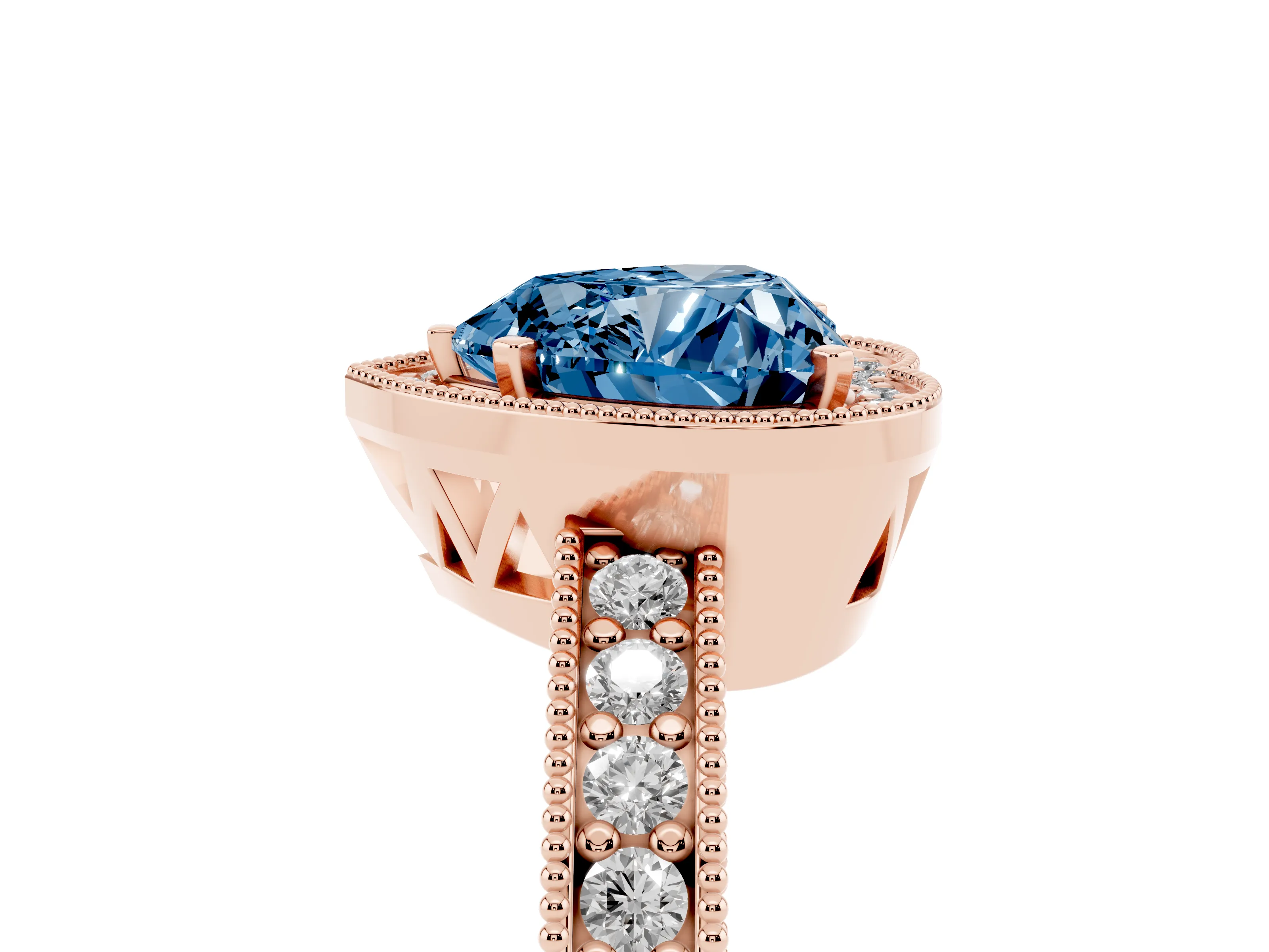Fancy Blue Heart Cut Diamond Halo Pavé Band Ring Set in Rose gold with Prong-Set Center