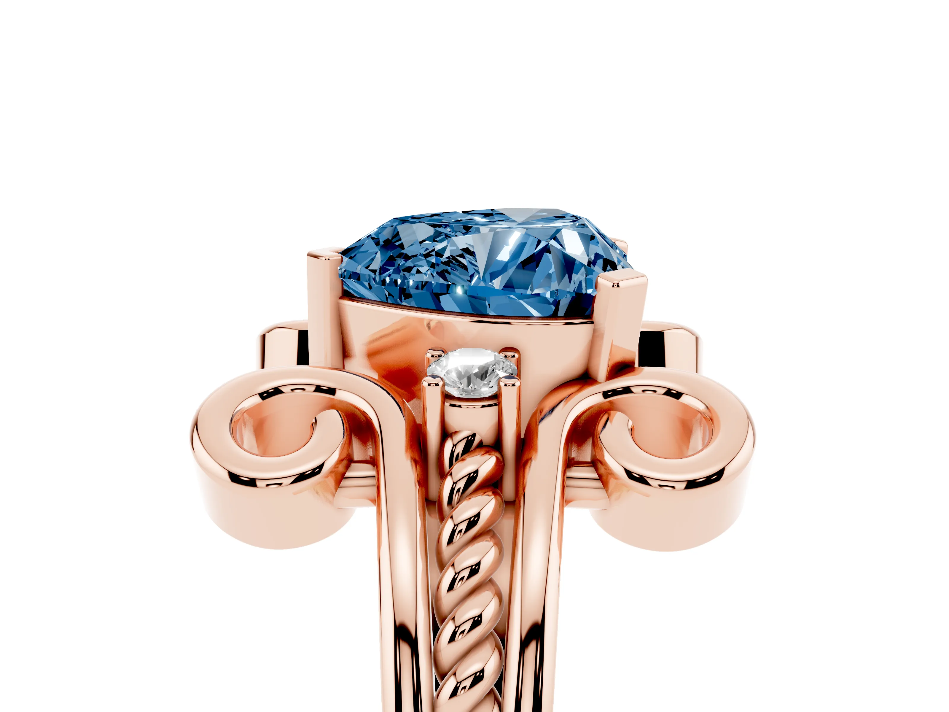 Fancy Blue Heart Cut Diamond Twisted Band Solitaire Ring Set in Rose gold with Scroll Prongs