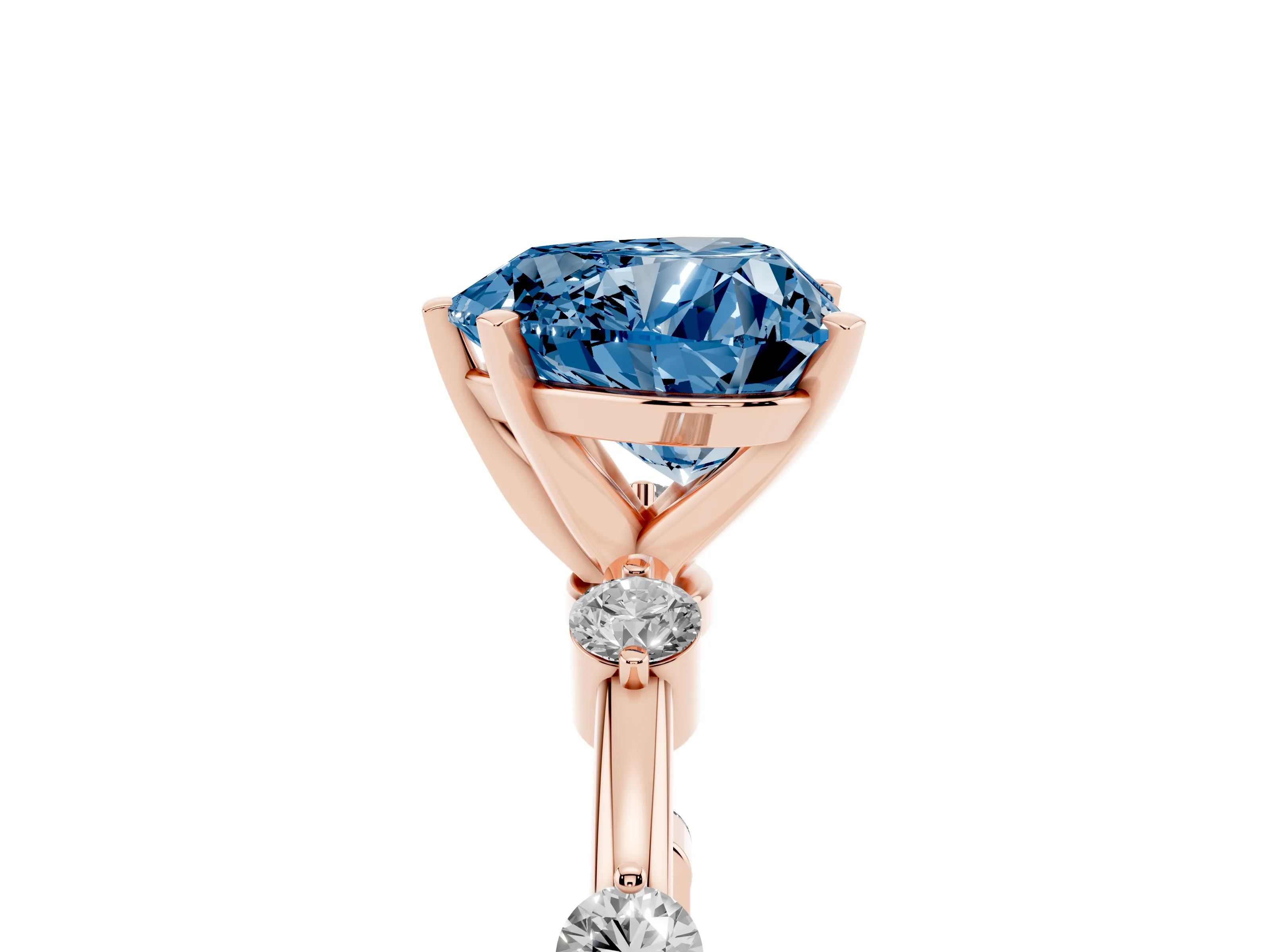 Fancy Blue Heart Cut Diamond Solitaire Ring Set in Rose gold with Bezel Set Side Stones and Prong Setting