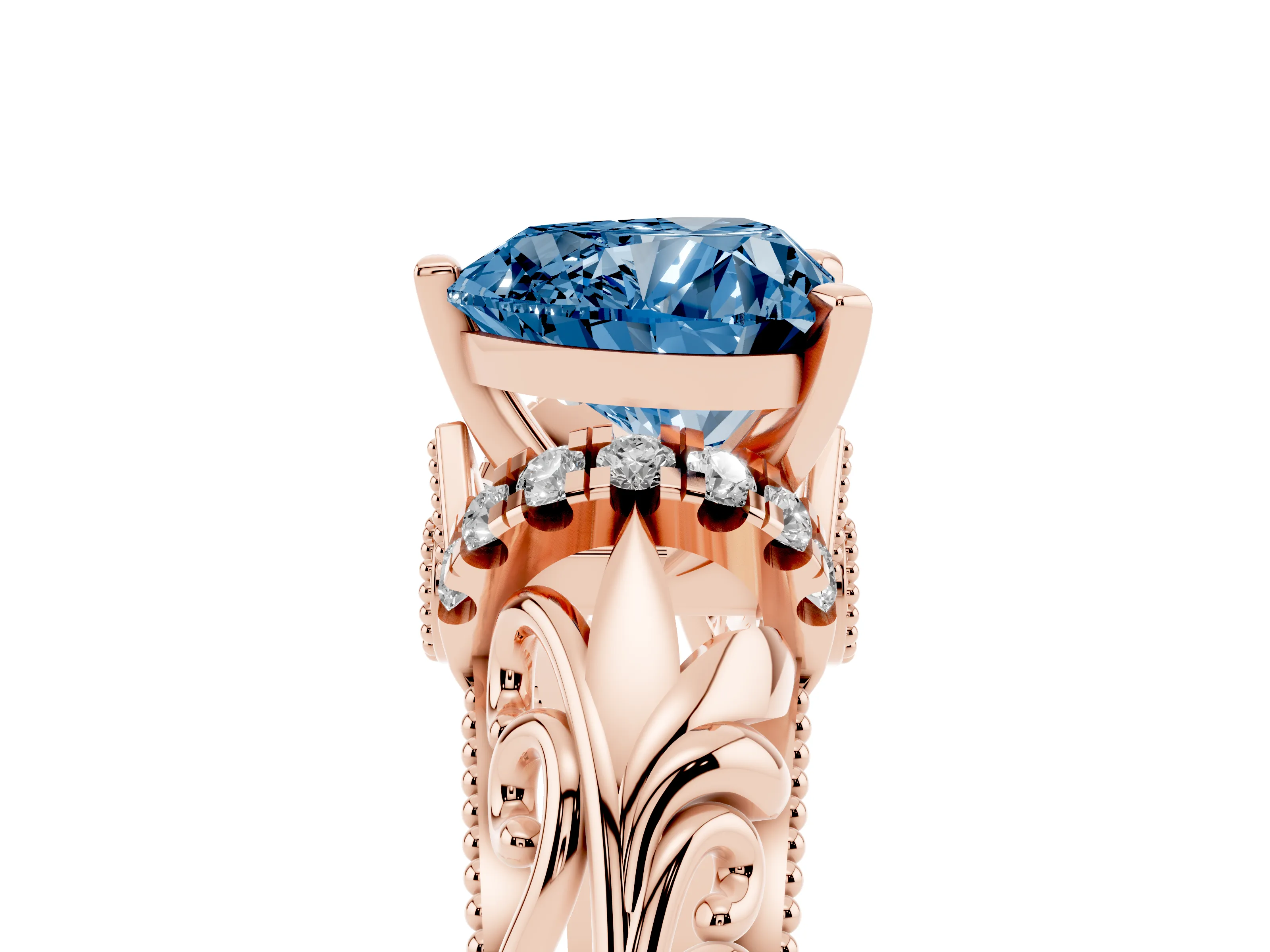 Fancy Blue Heart Cut Diamond Filigree Halo Engagement Ring Set in Rose gold with Prong Setting