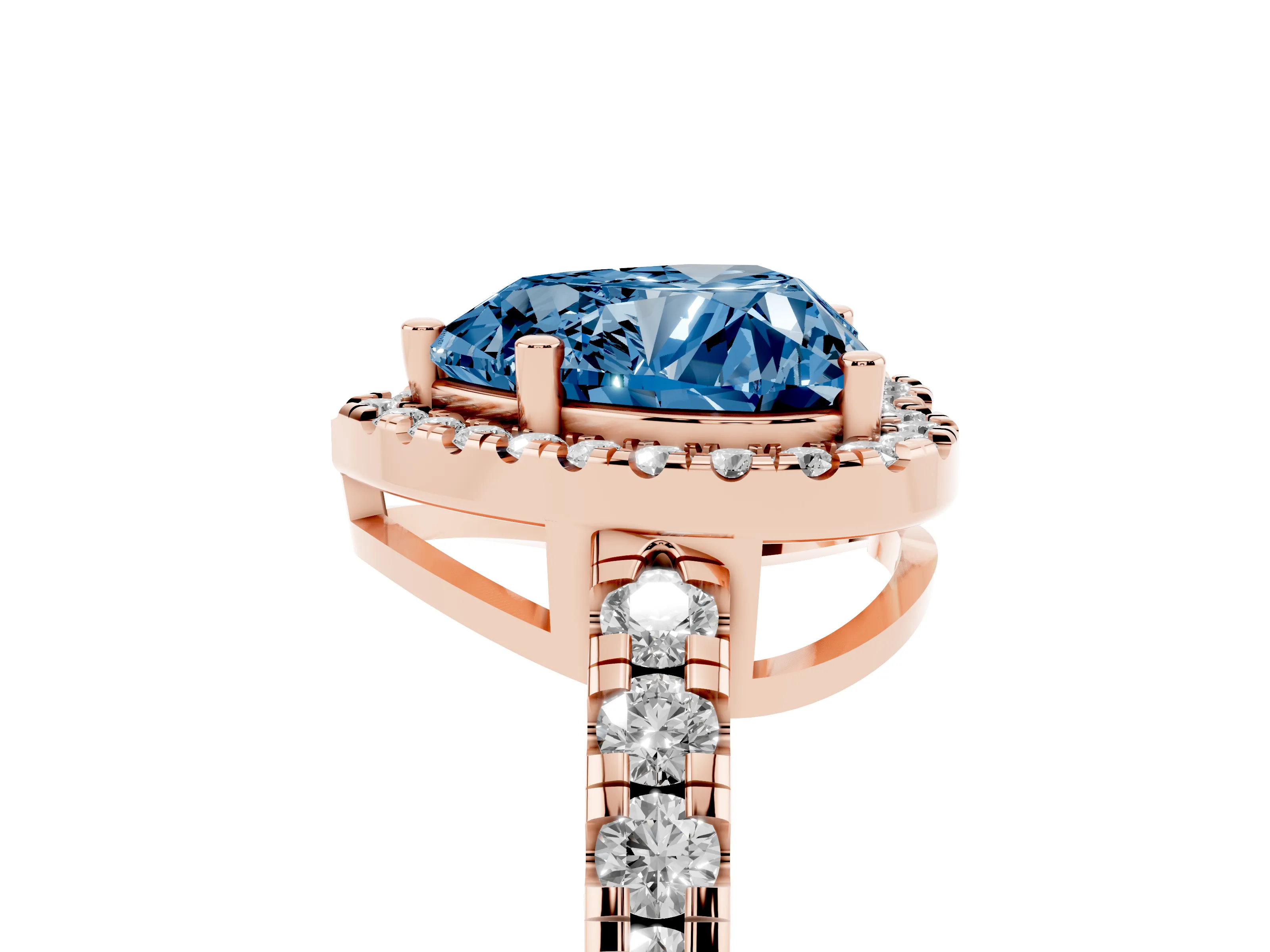 Fancy Blue Heart Cut Diamond Halo Ring Set in Rose gold with Delicate Pavé Band and Prong Setting
