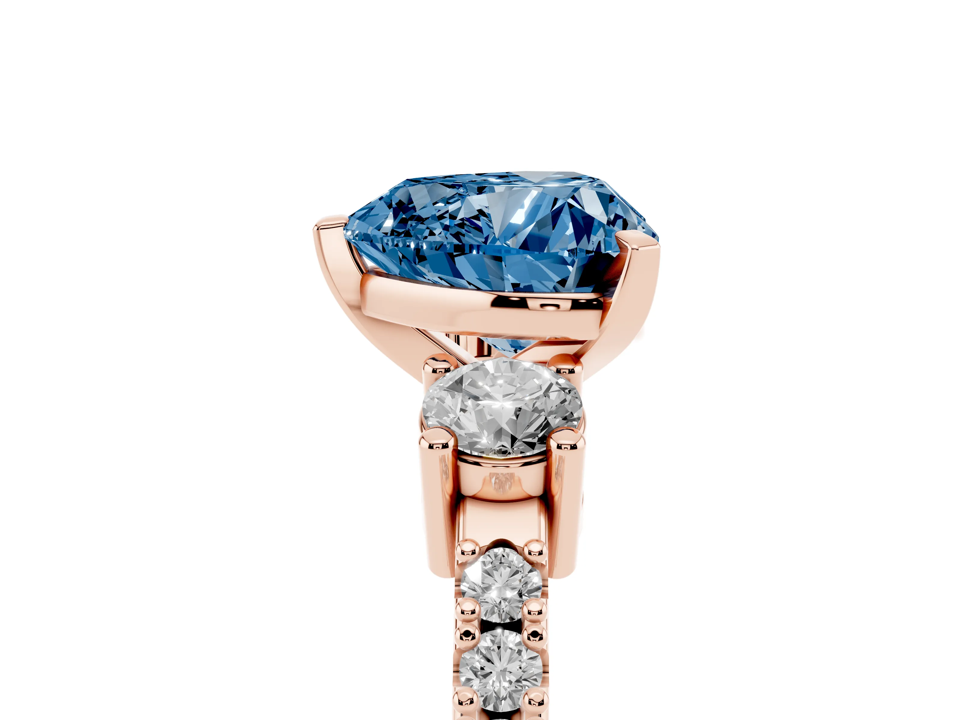 Fancy Blue Three-Stone Heart Cut Diamond Pavé Band Ring Set in Rose gold with Prong Setting