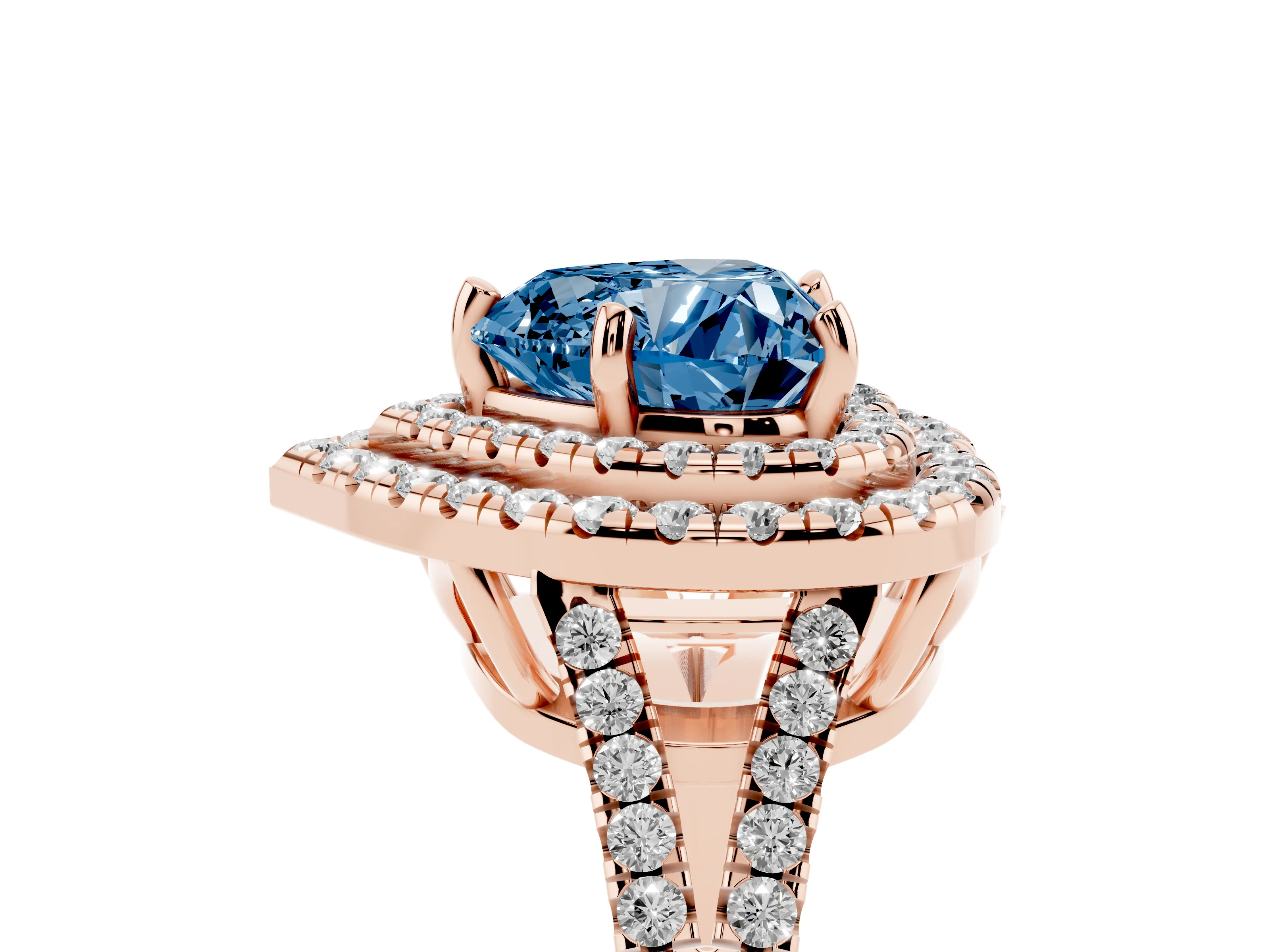 Fancy Blue Heart Cut Diamond Double Halo Ring Set in Rose gold with Pavé Band