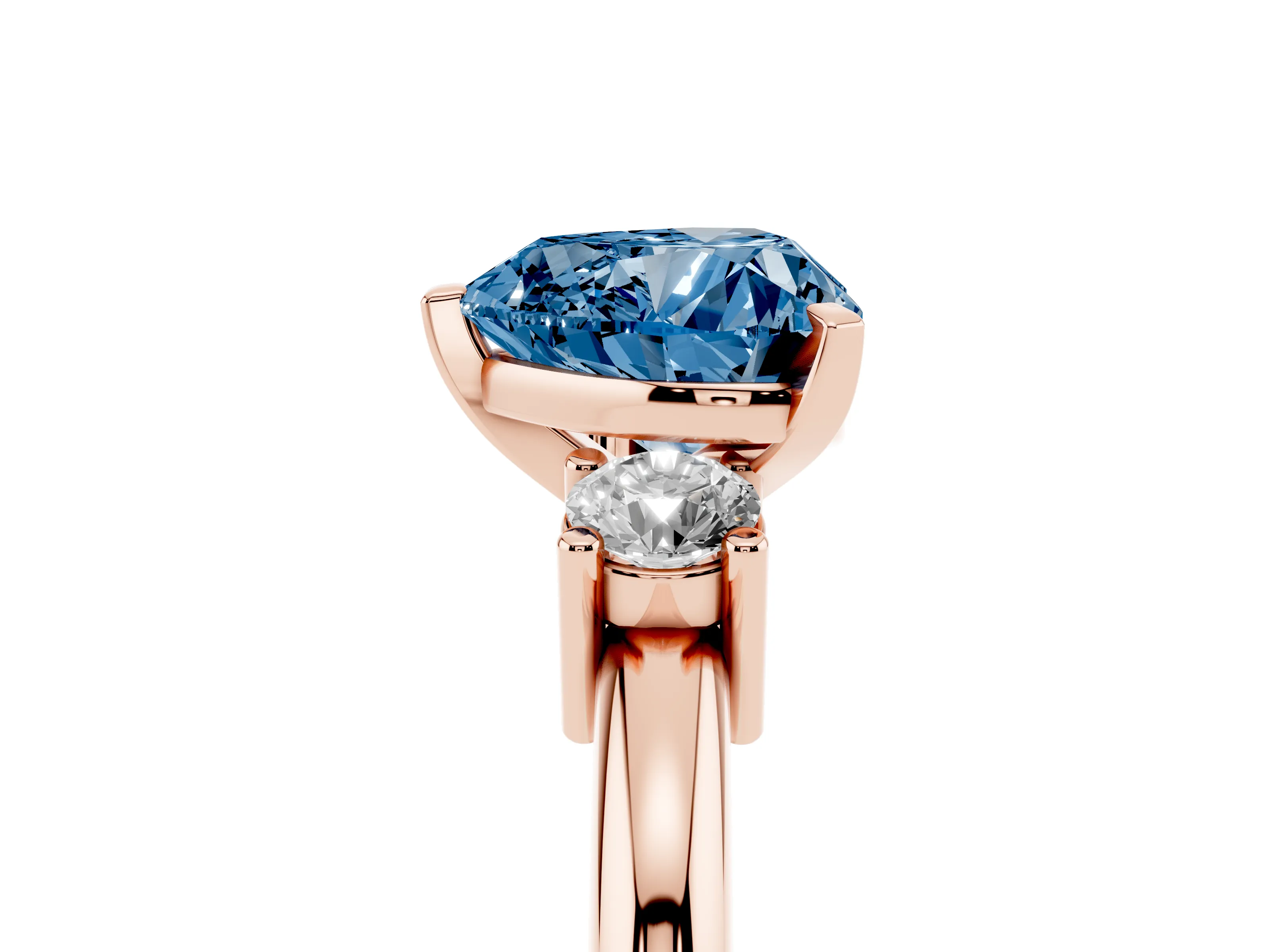 Fancy Blue Three-Stone Heart Cut Diamond Ring Set in Rose gold with Prong Setting and Plain Band