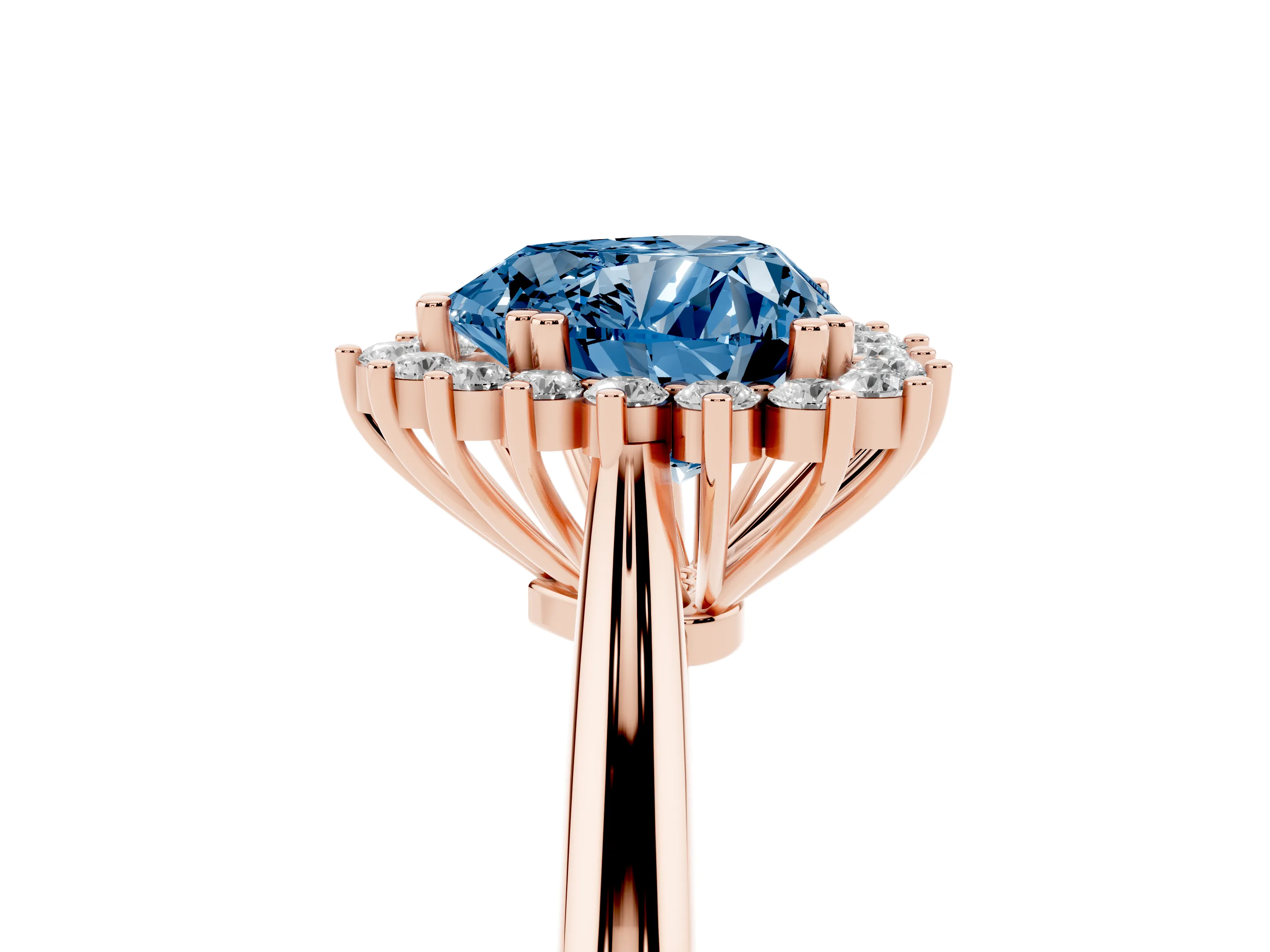 Fancy Blue Heart Cut Diamond Halo Ring Set in Rose gold with Plain Solitaire Band and Prong Setting