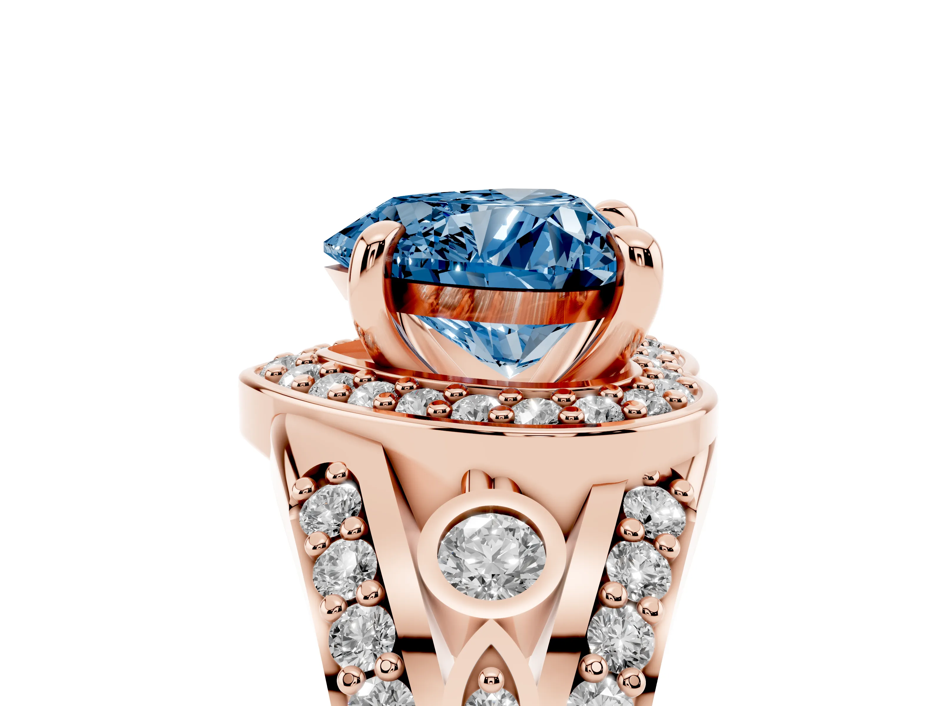 Fancy Blue Heart Cut Diamond Halo Ring Set in Rose gold with Pavé Split Shank and Bezel Accents