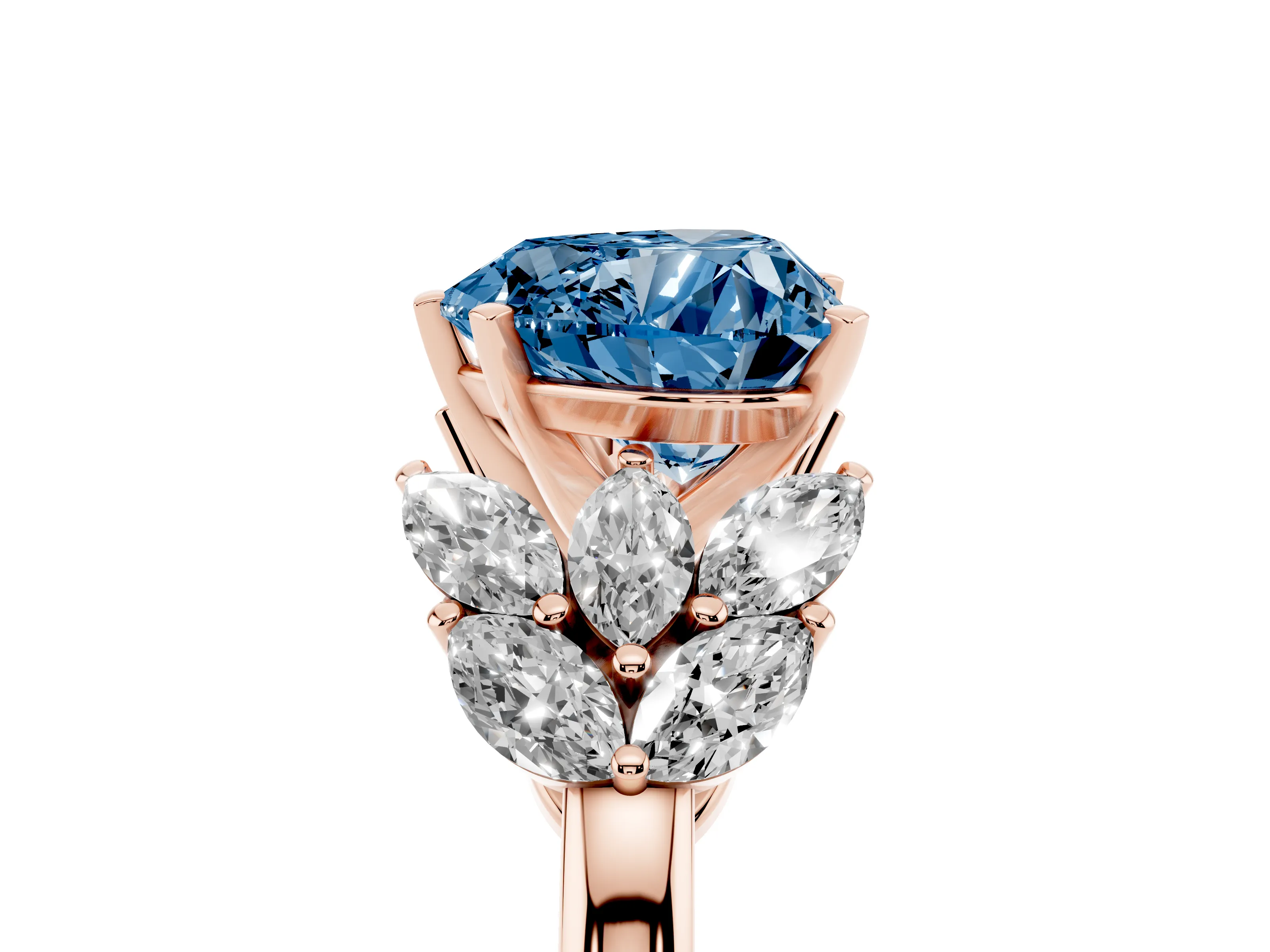 Fancy Blue Heart Cut Diamond Cluster Leaf Design Ring Set in Rose gold with Prong Setting