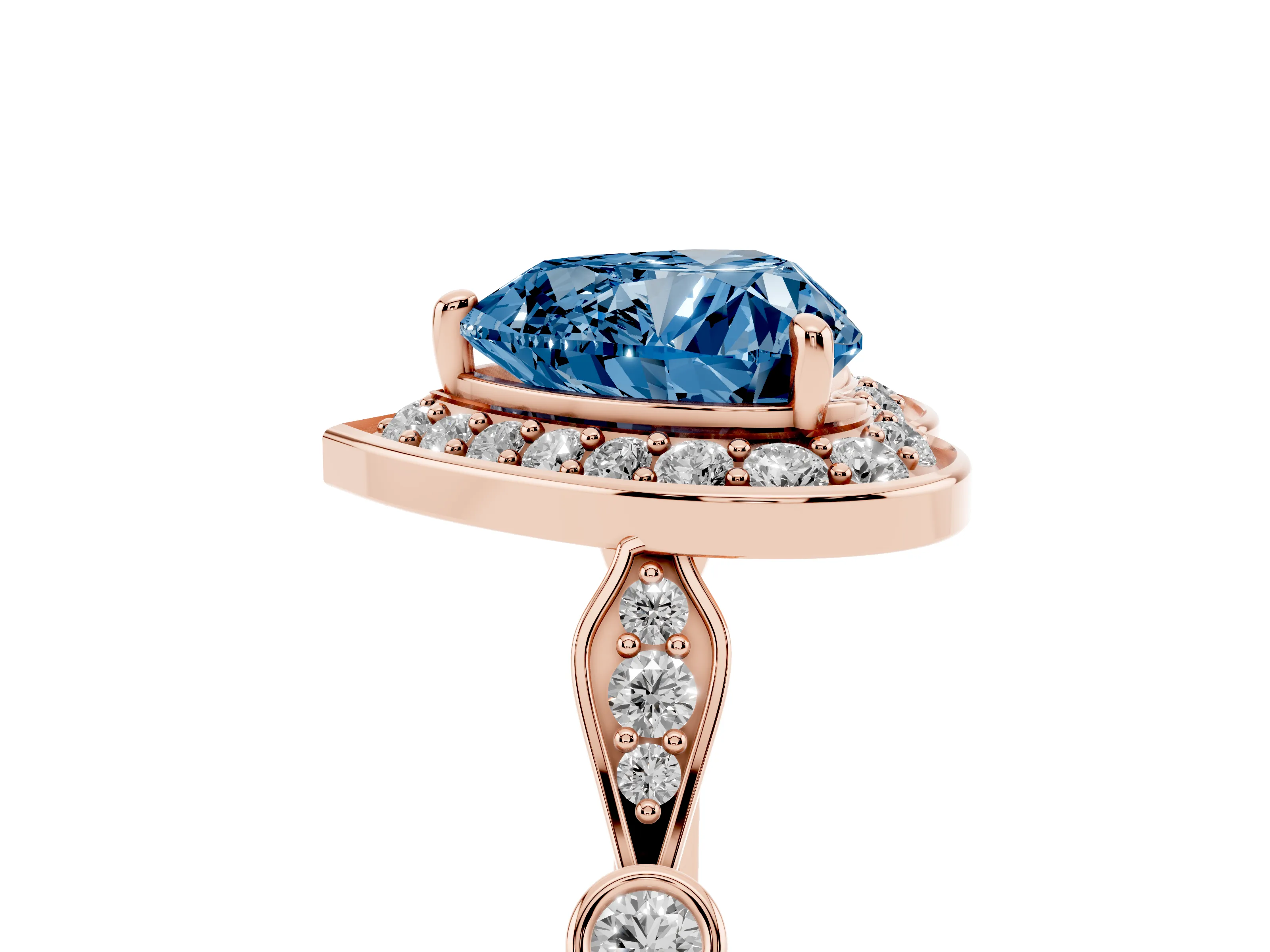 Fancy Blue Heart Cut Diamond Halo Engagement Ring Set in Rose gold with Twisted Band and Prong Setting