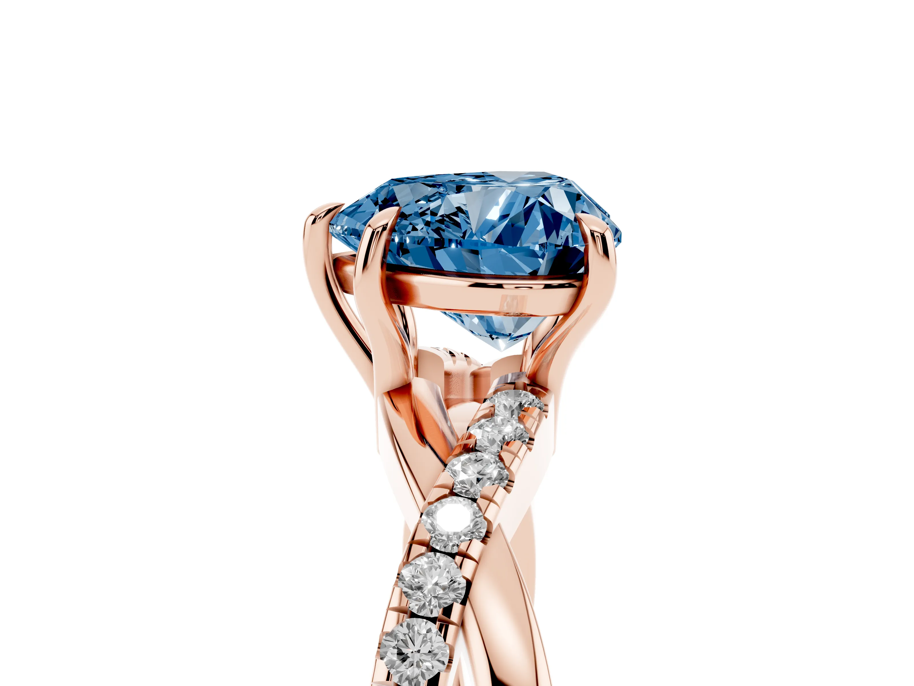 Fancy Blue Heart Cut Diamond Twisted Pavé Band Ring Set in Rose gold with Prong Setting