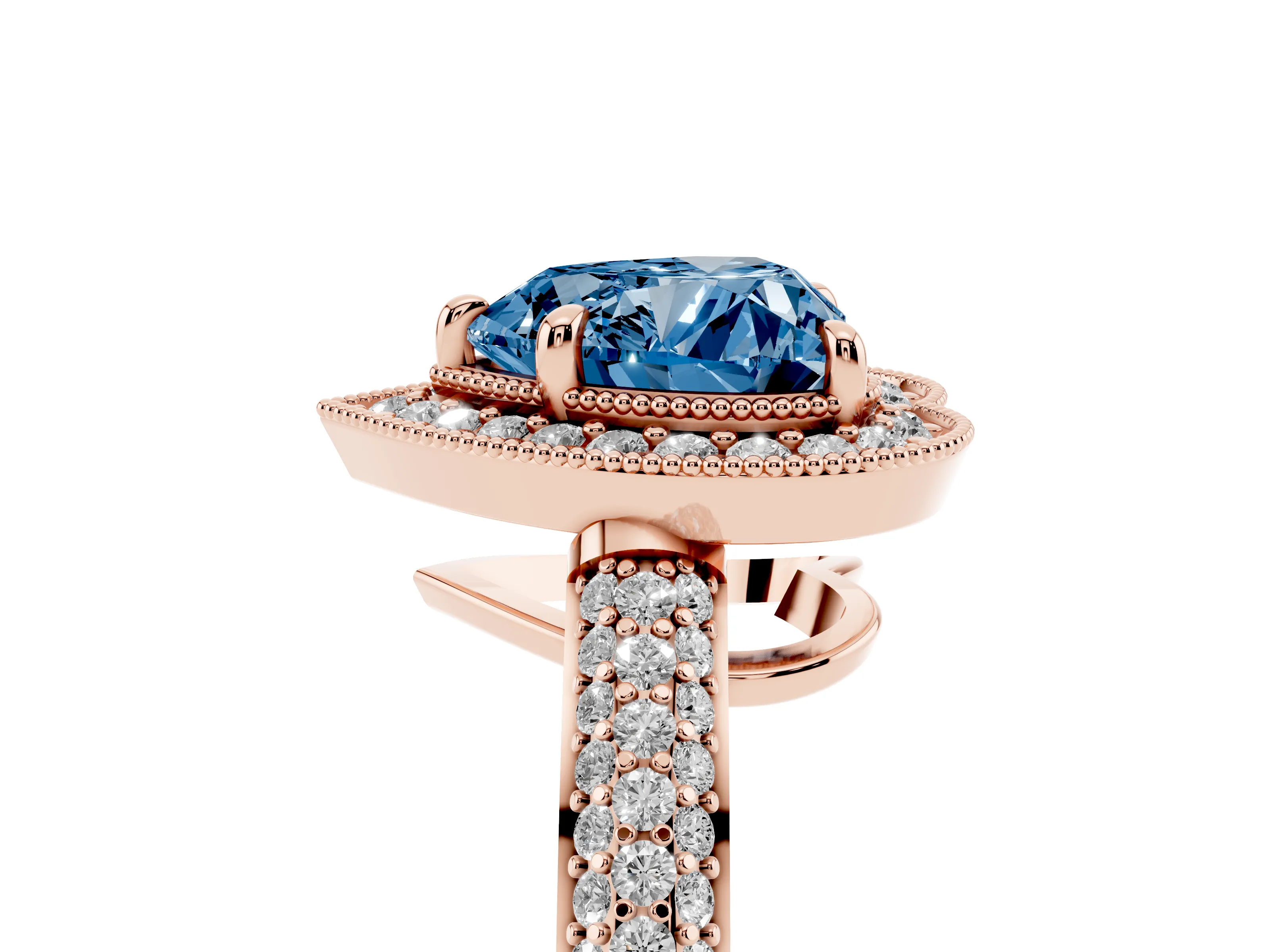 Fancy Blue Heart Cut Diamond Halo Pavé Band Set in Rose gold with Prong Setting