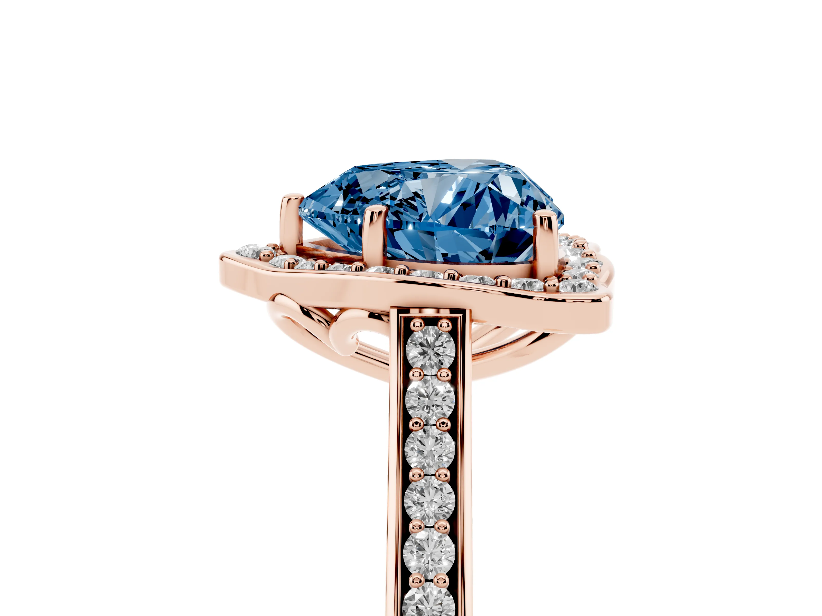 Fancy Blue Heart Cut Diamond Halo Ring Set in Rose gold with Pavé-Lined Shoulders and Prong Setting