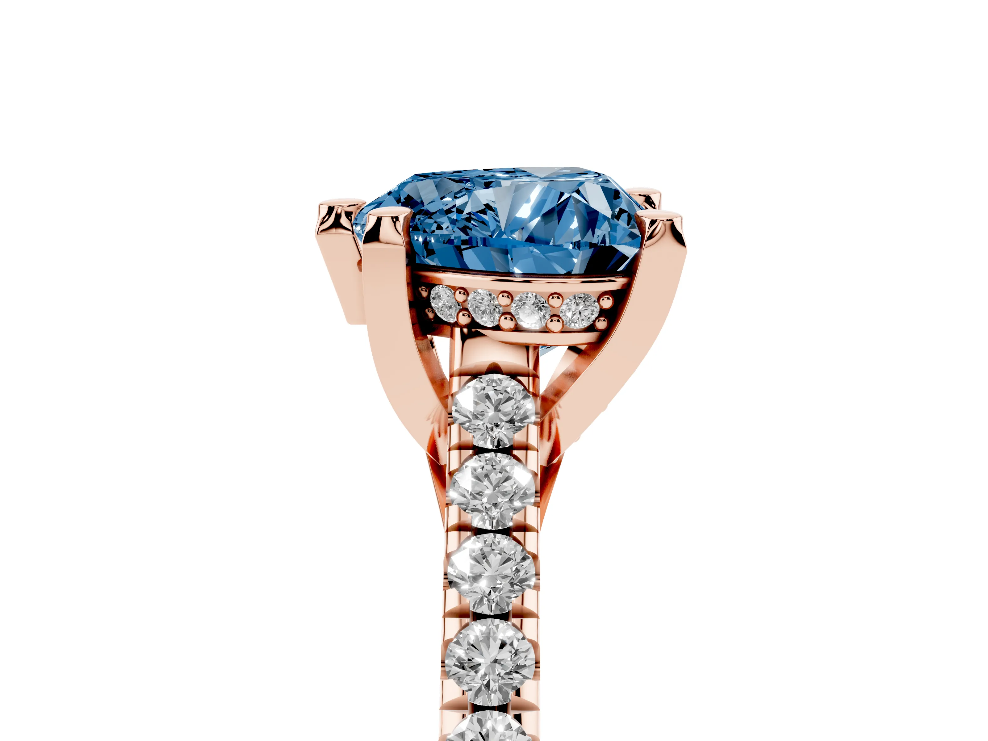 Fancy Blue Heart Cut Diamond Solitaire Ring Set in Rose gold with Brilliant Pavé Band and Prong Setting