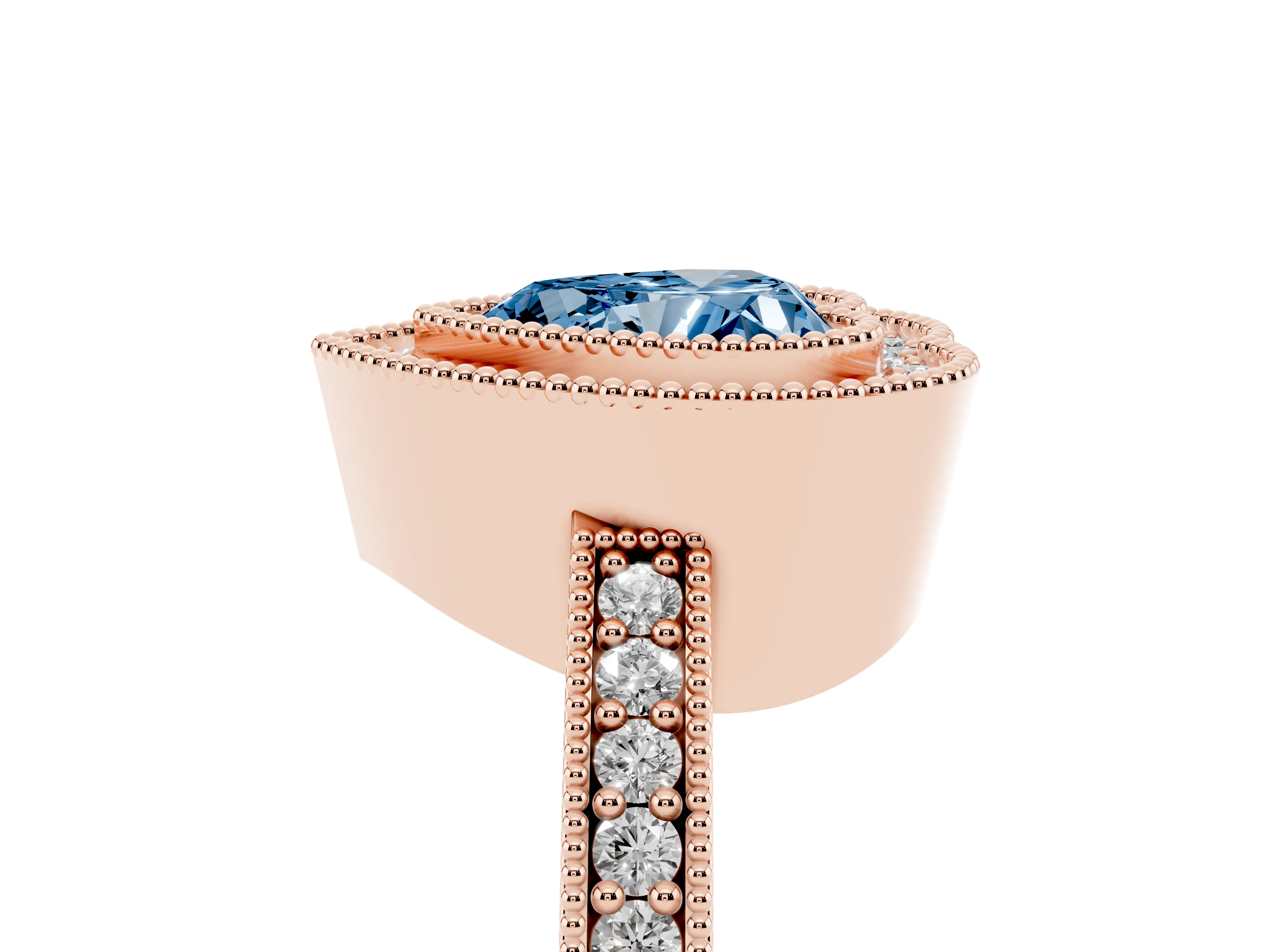 Fancy Blue Heart Cut Diamond Halo Engagement Ring Set in Rose gold with Pavé Band and Round Halo Stones