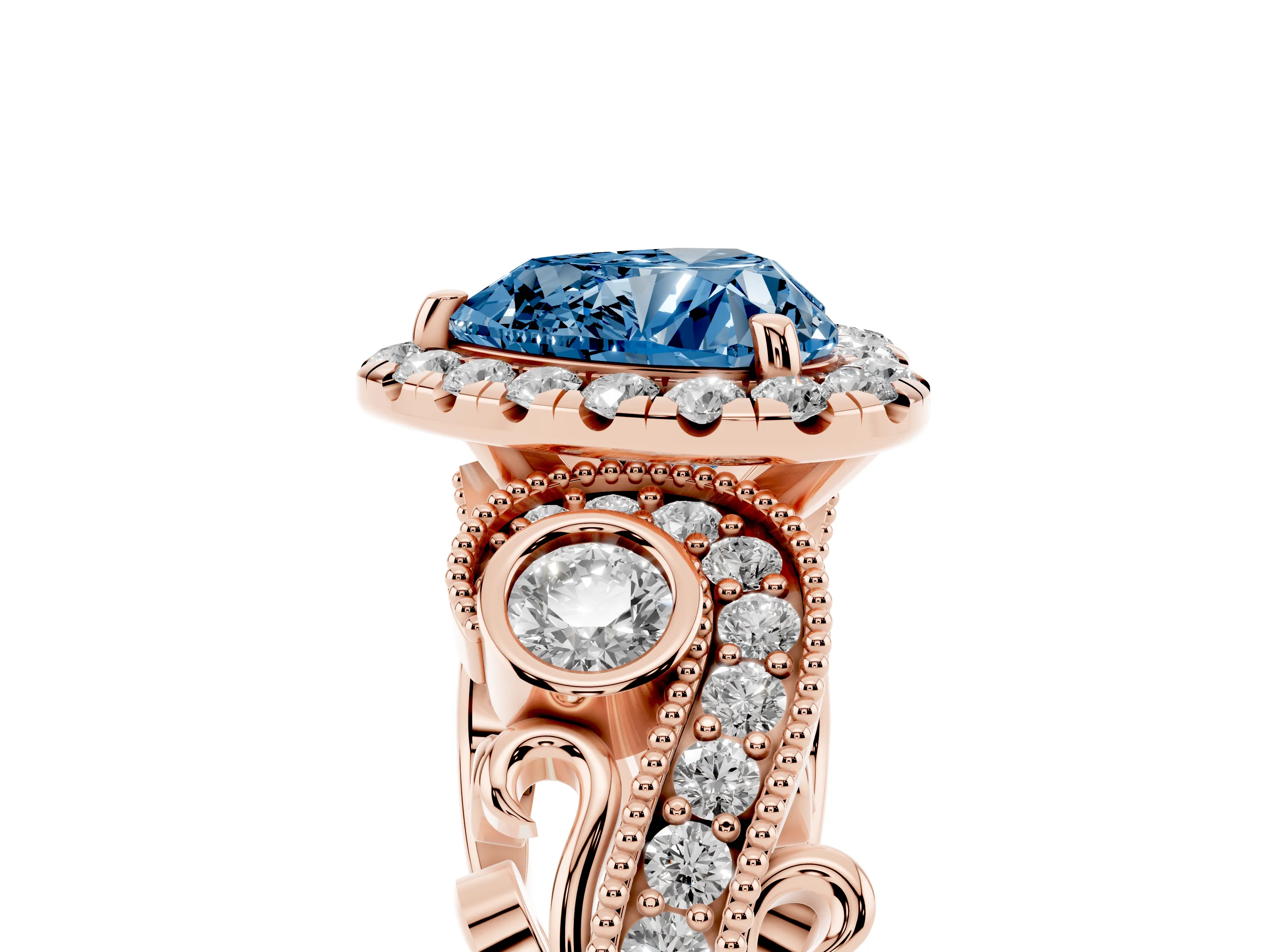 Fancy Blue Heart Cut Diamond Halo Ring Set in Rose gold with Milgrain Pavé Band and Prong Setting