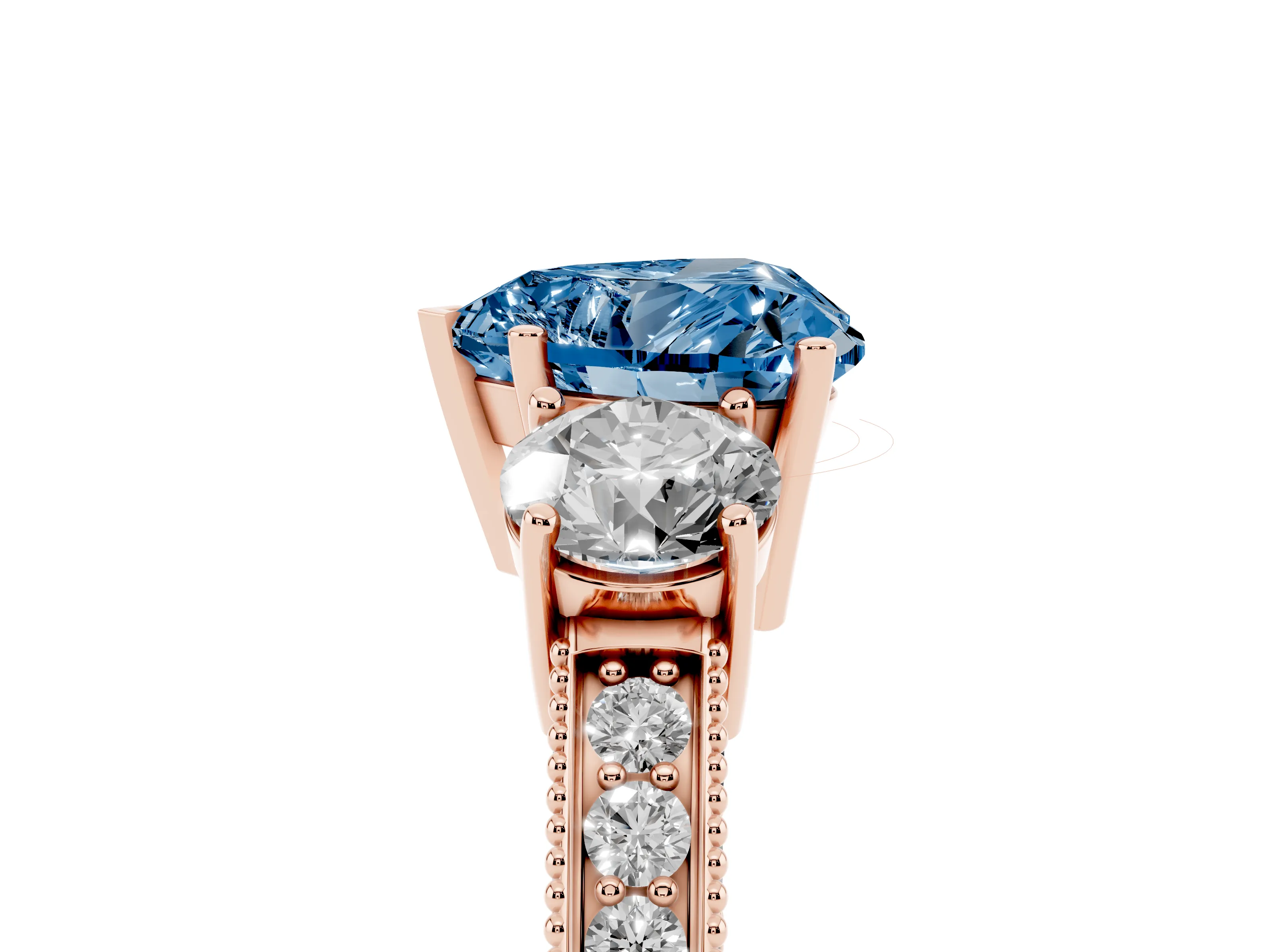 Fancy Blue Heart Cut Diamond Three-Stone Ring Set in Rose gold with Round Side Stones and Pavé Band