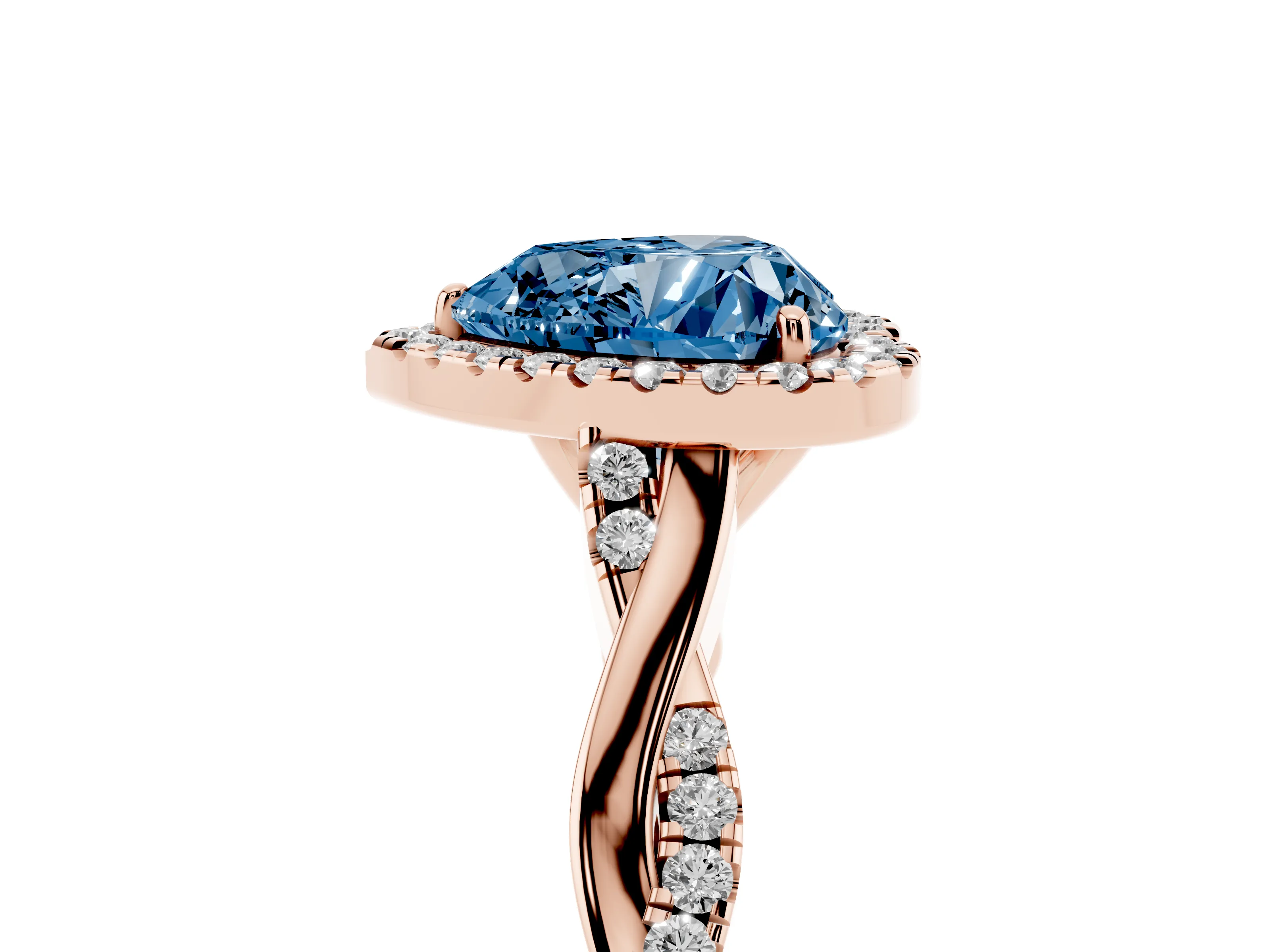 Fancy Blue Heart Cut Diamond Halo Twist Band Solitaire Ring Set in Rose gold with Prong Setting