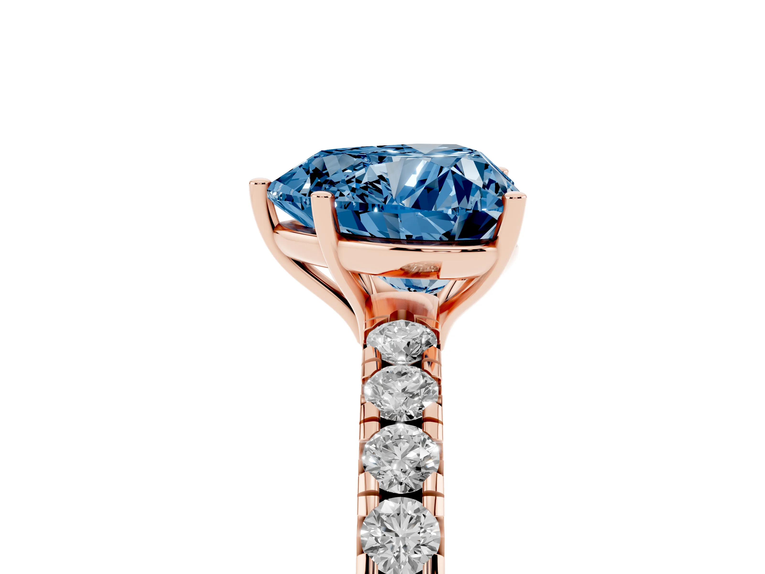 Fancy Blue Heart Cut Diamond Pavé Solitaire Engagement Ring Set in Rose gold with Prong Setting